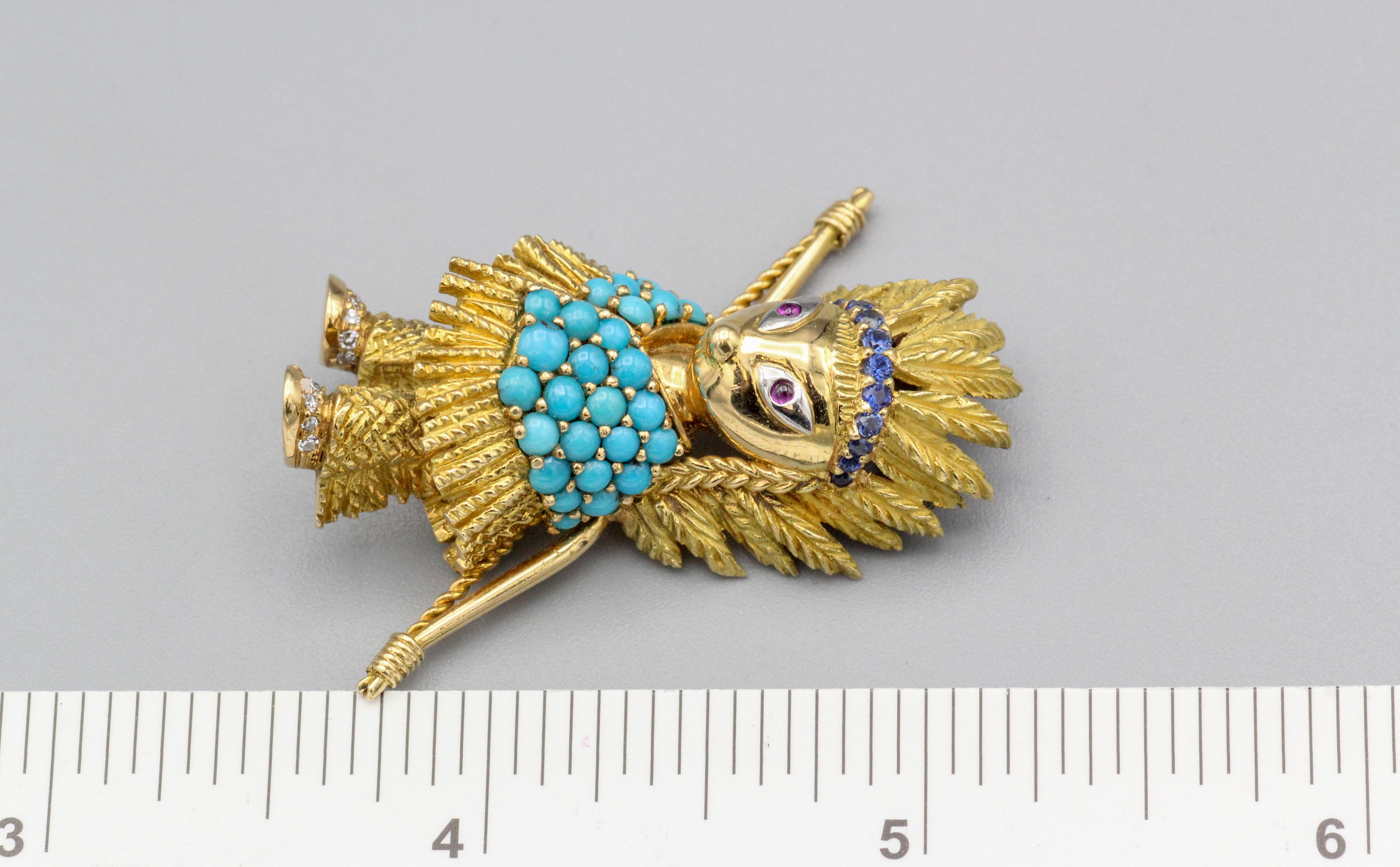 CARTIER American Indian Hunter Turquoise Diamond Ruby Sapphire 18k Gold Brooch For Sale 5