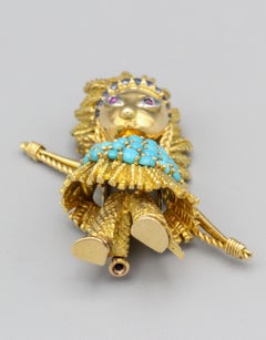 CARTIER American Indian Hunter Turquoise Diamond Ruby Sapphire 18k Gold Brooch