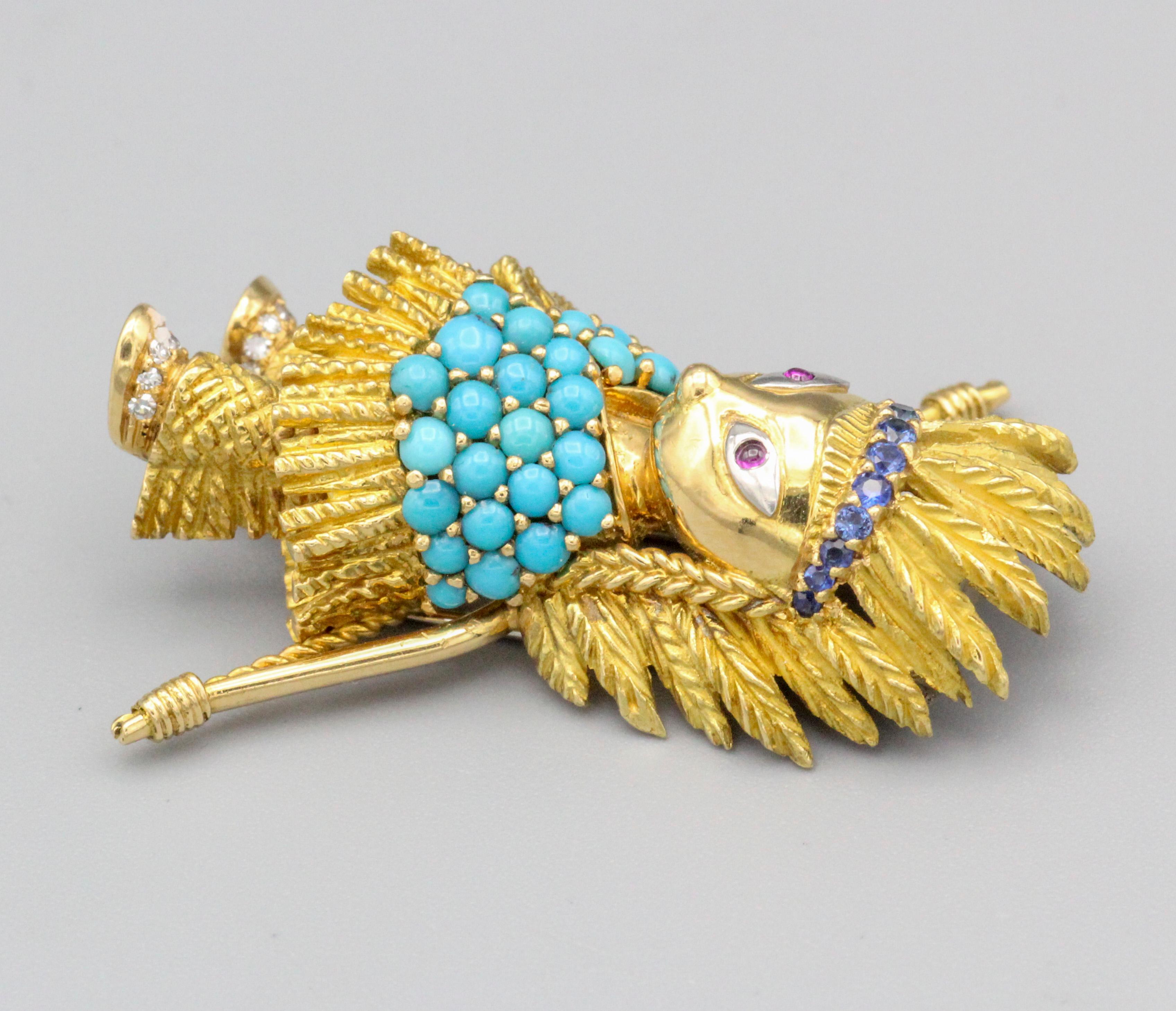 CARTIER American Indian Hunter Turquoise Diamond Ruby Sapphire 18k Gold Brooch In Good Condition For Sale In New York, NY