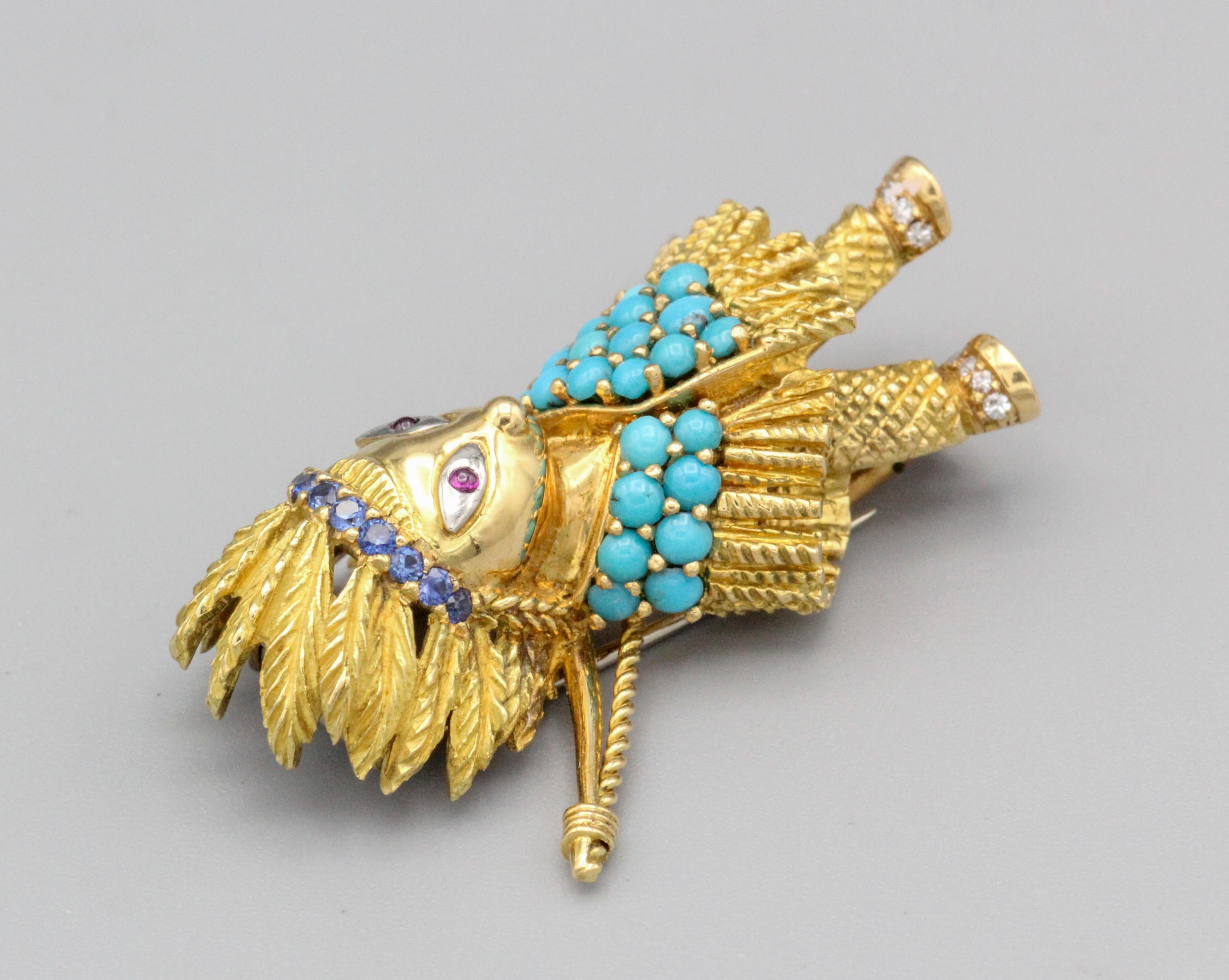 CARTIER American Indian Hunter Turquoise Diamond Ruby Sapphire 18k Gold Brooch For Sale 2
