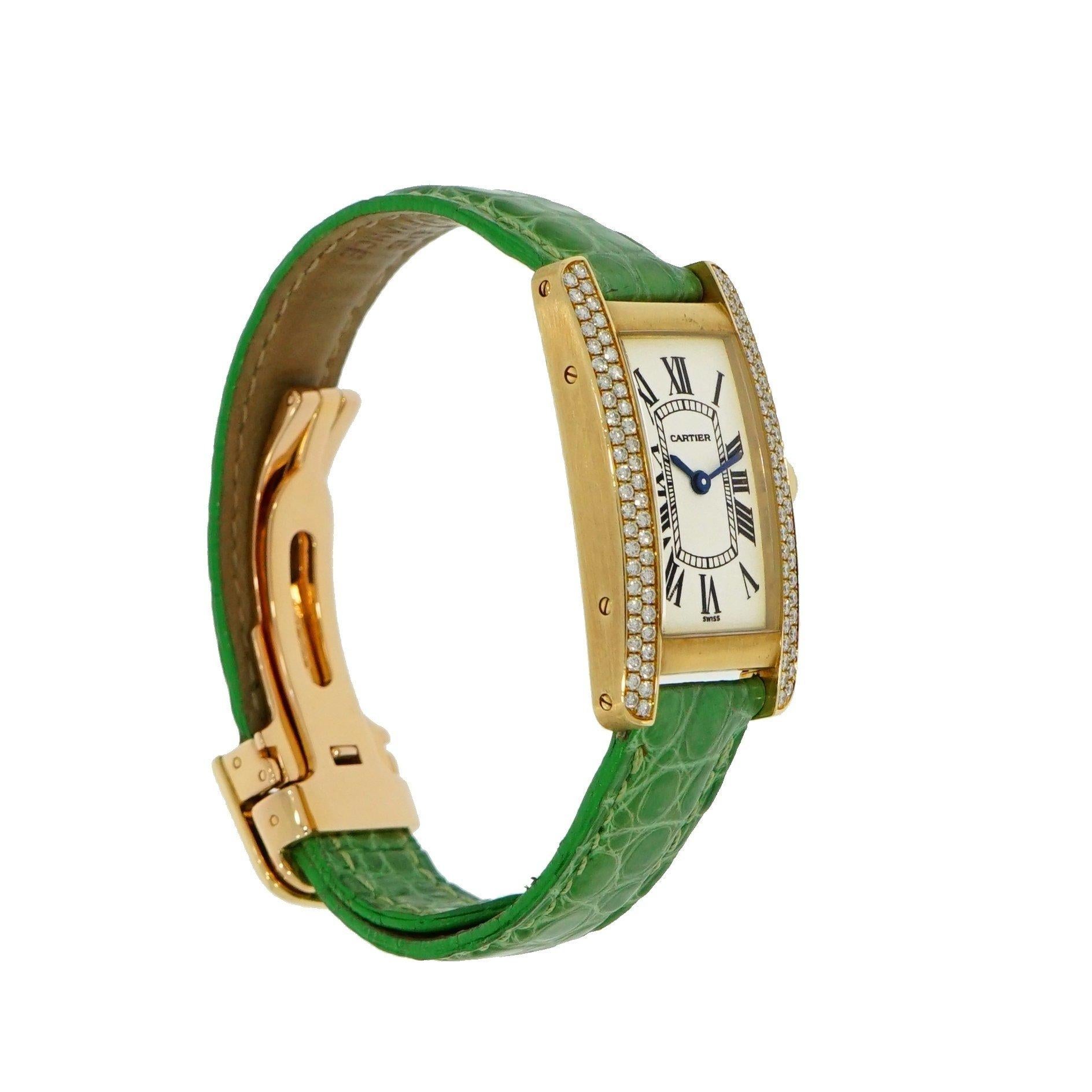 This previously enjoyed Lady’s Cartier American Tank (small) is crafted in 18 karat yellow gold case and features a quartz movement, silvered guilloche dial with black roman numerals, blue sword shaped hour hands and a beautiful diamond bezel, set