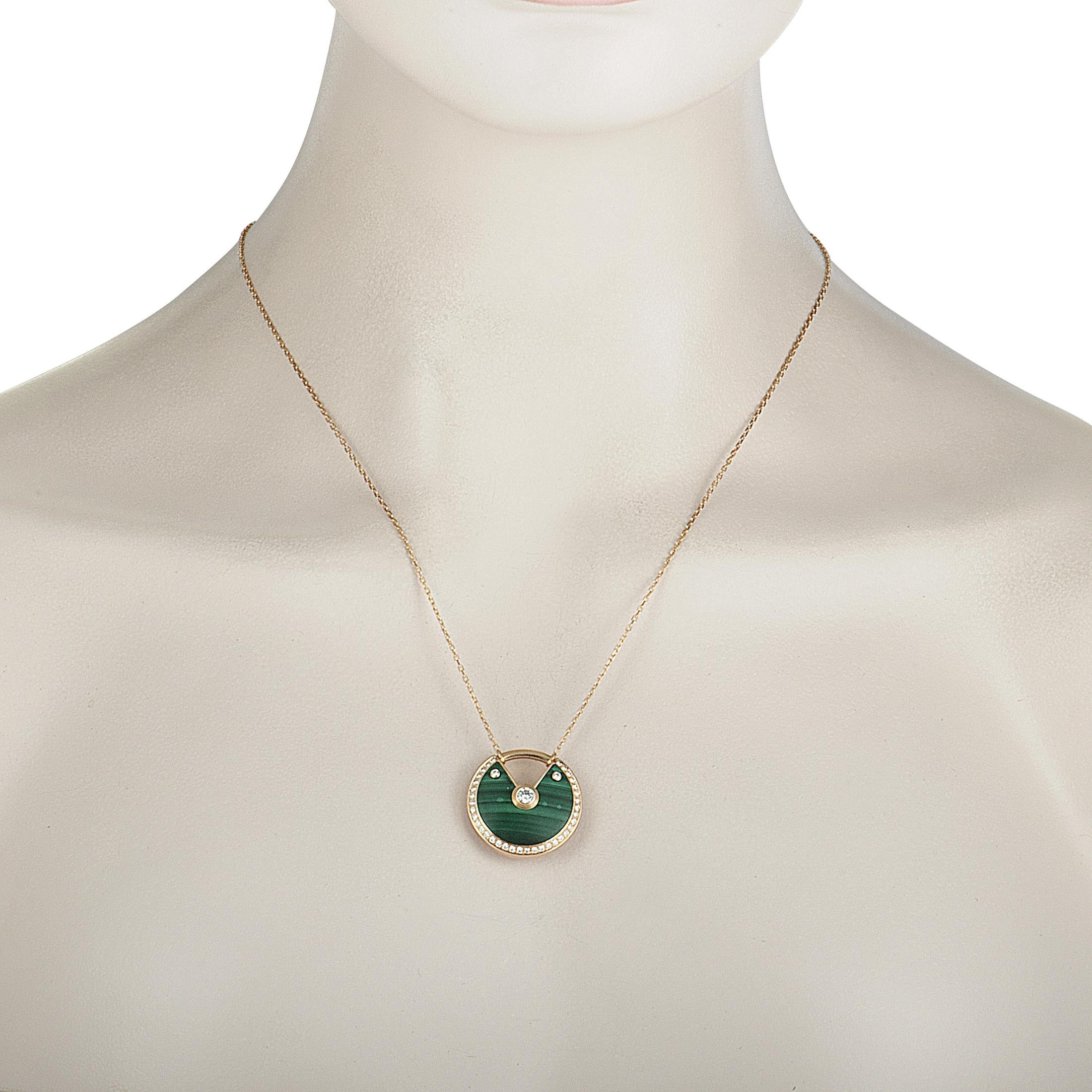 A gorgeous piece from Cartier’s exquisite “Amulette” collection, this exceptional necklace offers a look of utmost refinement and sophistication. The necklace is made of charming 18K rose gold and it is decorated with stunning malachite and diamond