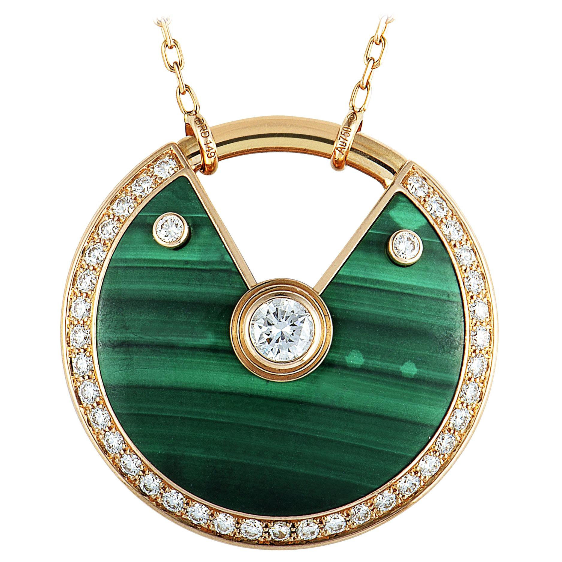 Cartier Amulette 18 Karat Rose Gold Diamond and Malachite Pendant Necklace