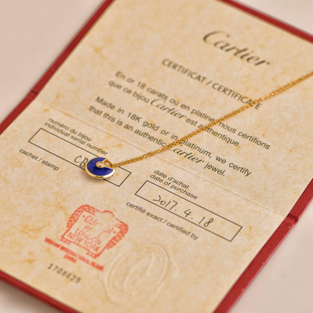 SKU	CT-2617
Comes With	Full Set (Pouch + Card)
Date	Circa 2017
Model	B3153108
Serial Number	CB****
Metal	18k Yellow Gold
Stones	Diamond, Lapis Lazuli
Weight	Approximately 2.95 g
Length	Approximately 43 cm
Condition	Excellent
Other Info	Diamond