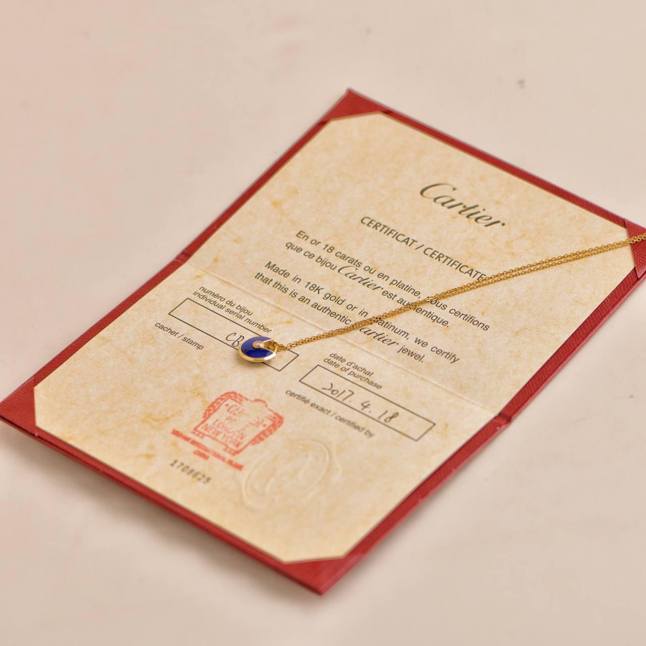 Women's or Men's Cartier Amulette De Cartier 18K Yellow Gold Lapis Lazuli Necklace XS Model
