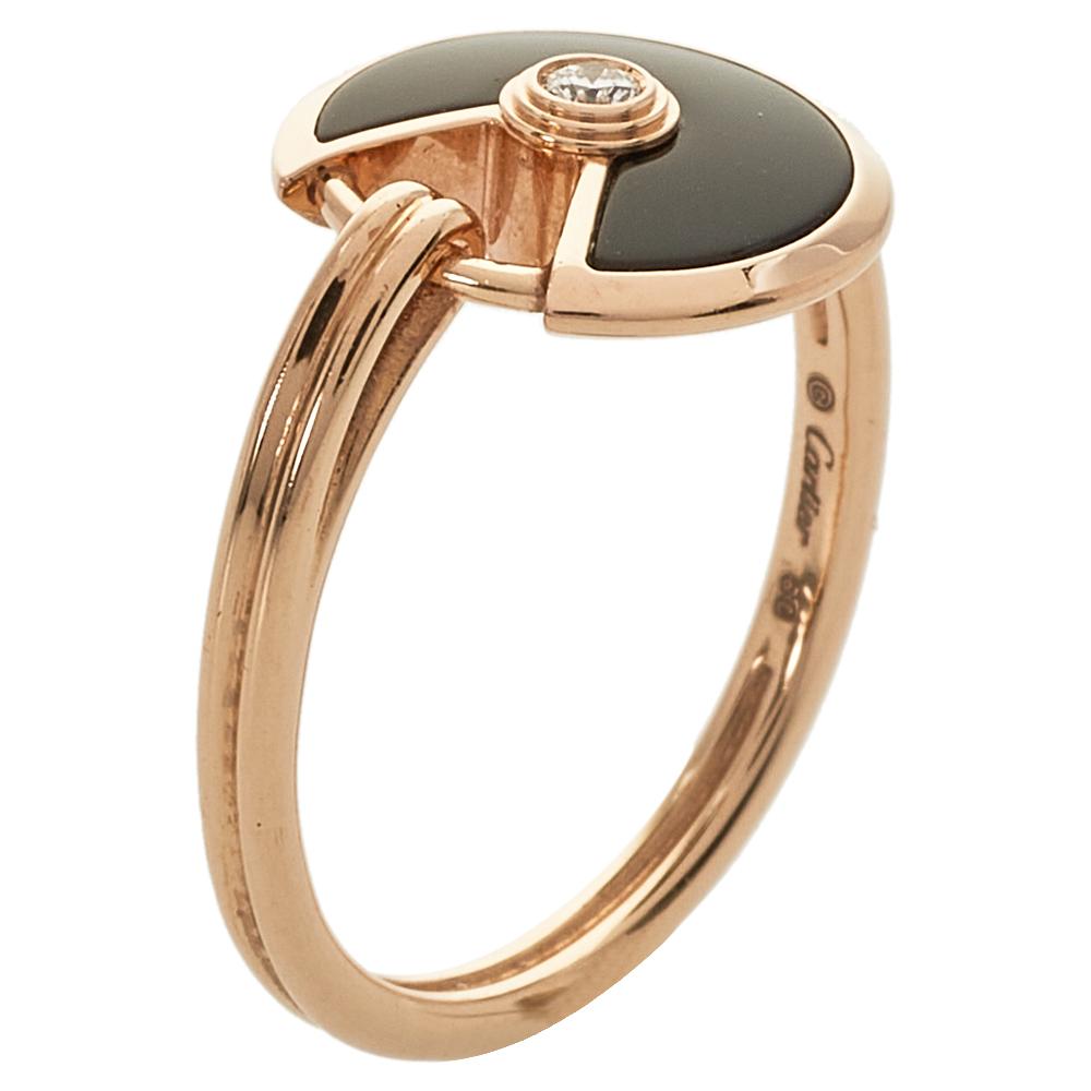 Contemporary Cartier Amulette de Cartier Diamond Onyx 18K Rose Gold Ring Size 50