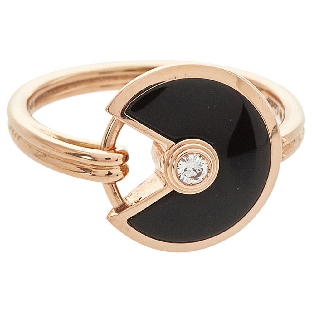 Cartier Amulette de Cartier Diamond Onyx 18K Rose Gold Ring Size 50