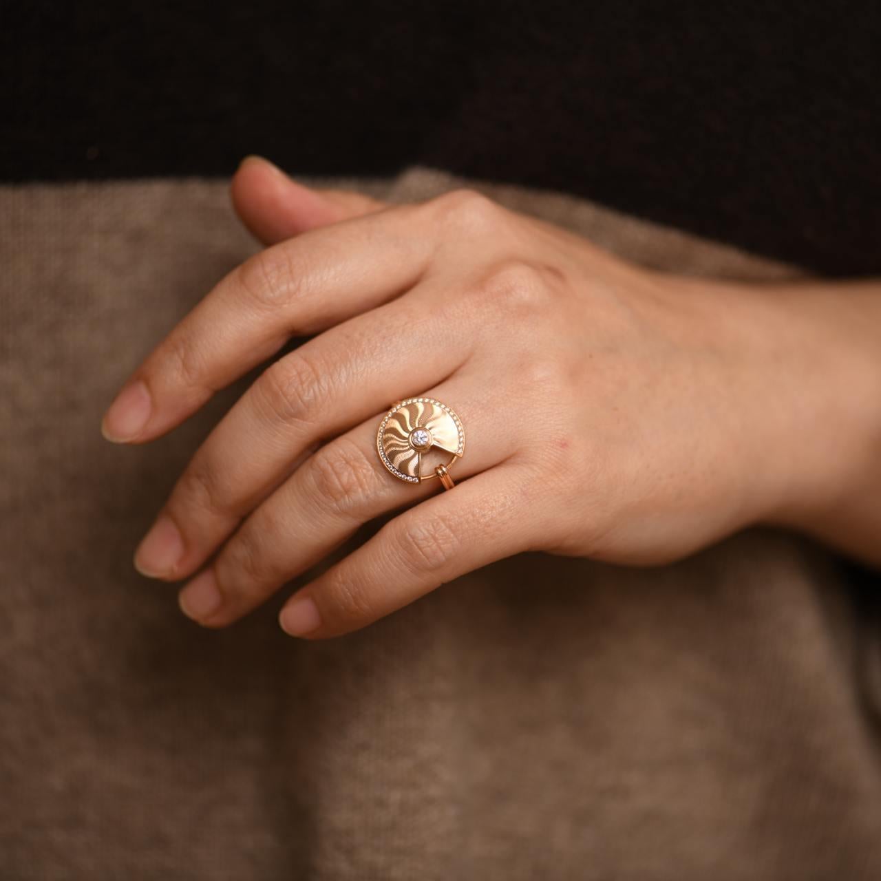 Brilliant Cut Cartier Amulette de Cartier Guilloché Diamond 18K Rose Gold Ring Size 53