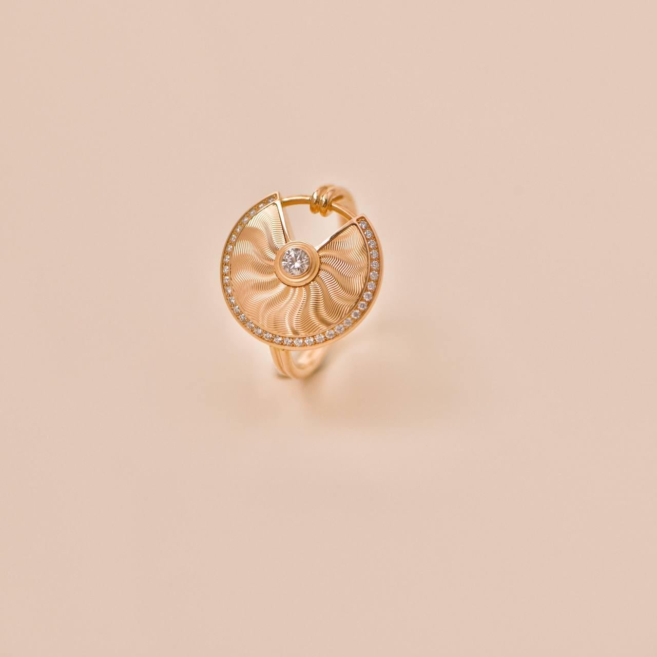 Women's or Men's Cartier Amulette de Cartier Guilloché Diamond 18K Rose Gold Ring Size 53
