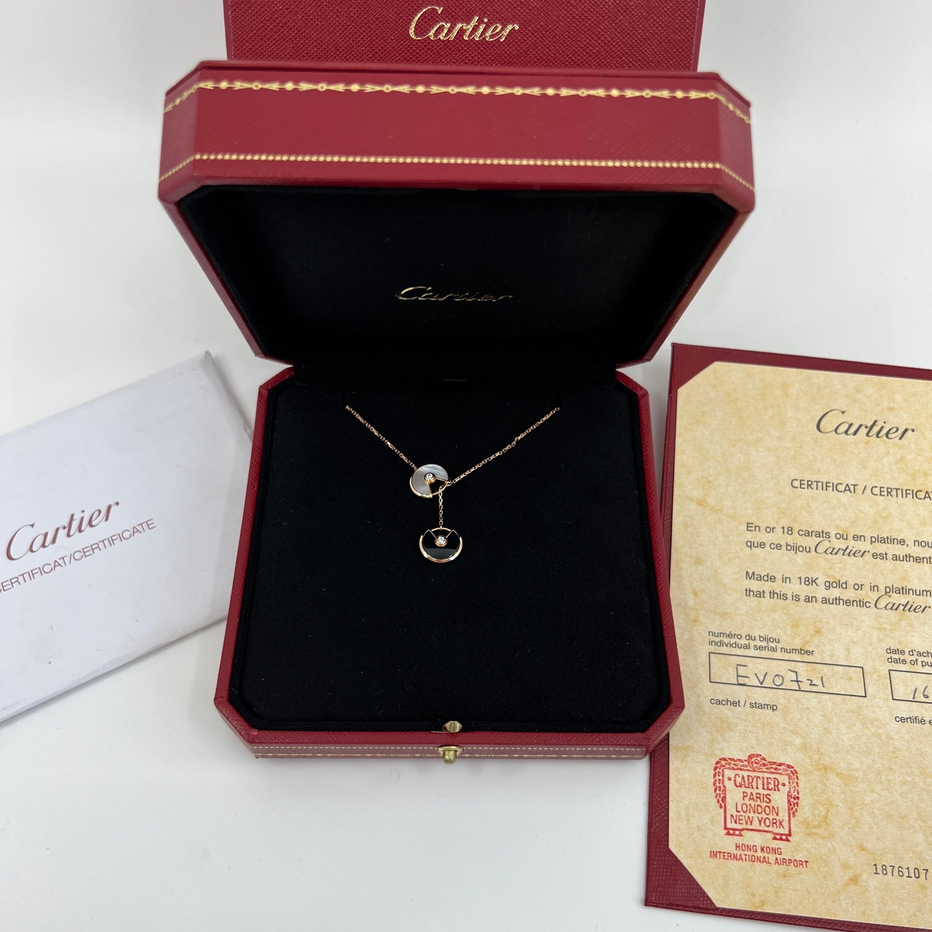  Amulette de Cartier Mother of Pearl And Onyx Amulet 18k Rose Gold Necklace.

Stunning rose gold necklace featuring two disk shaped amulets with diamond centres. One with mother of pearl inlay and the other with black onyx.
Fine jewellery houses