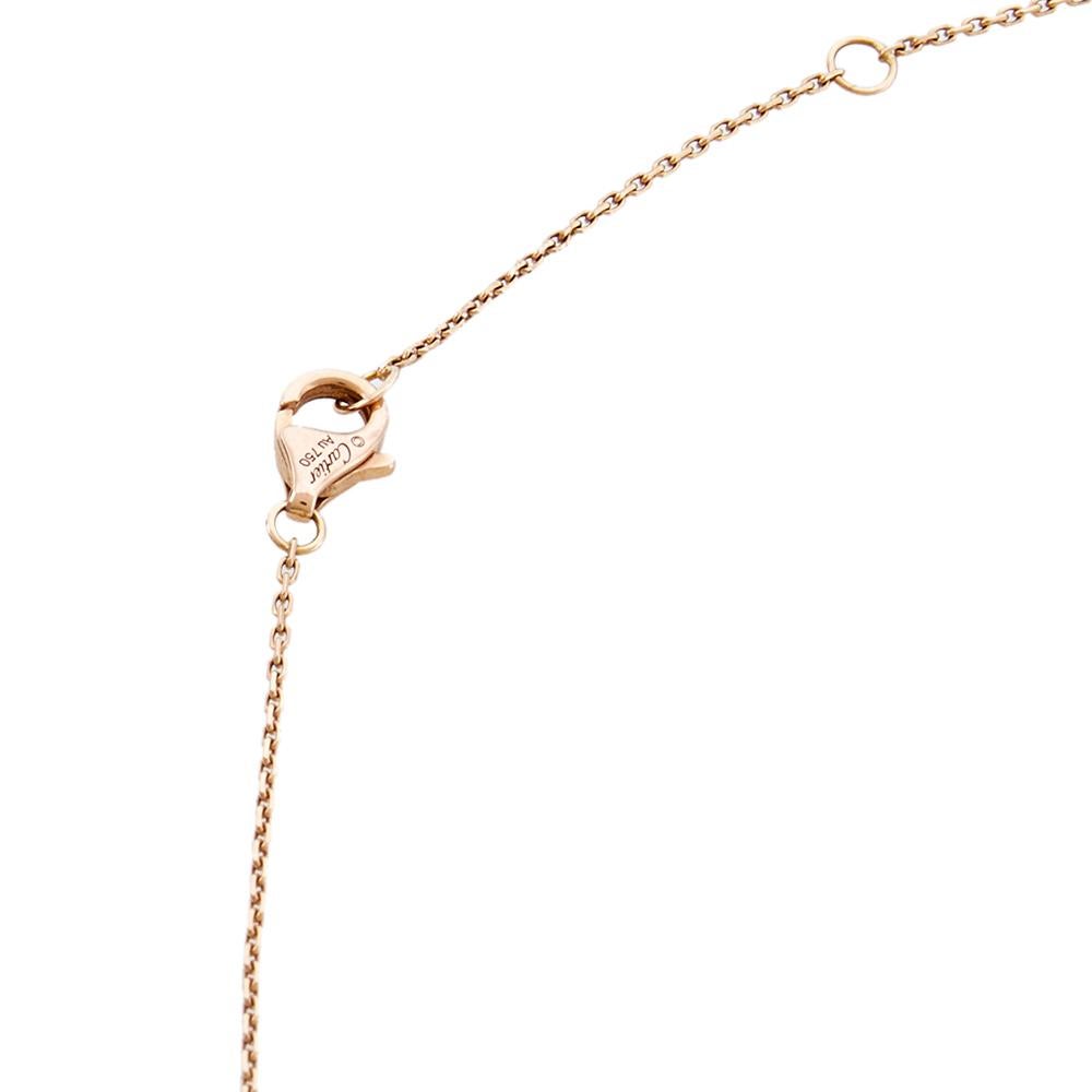A magnificent offering from Cartier's Amulette de Cartier line. The necklace comes crafted from 18k rose gold and it has the signature motif in onyx highlighted by a shimmering diamond. Smoothly finished, the desirable creation deserves to be on