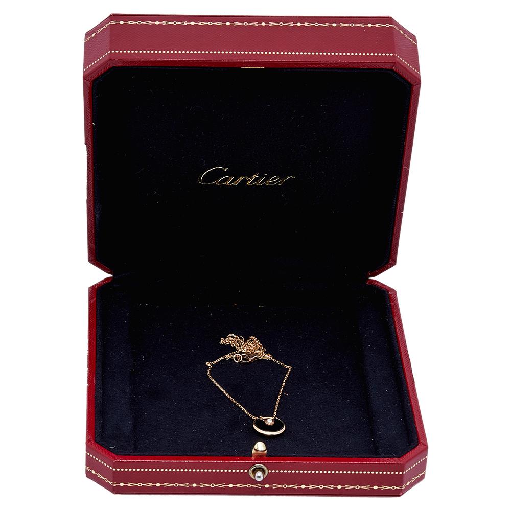 Cartier Amulette De Cartier Onyx Diamond 18K Rose Gold Pendant Necklace XS In Good Condition In Dubai, Al Qouz 2