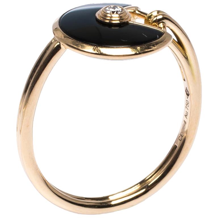 Cartier Amulette de Cartier Onyx Diamond 18K Rose Gold Ring Size 53