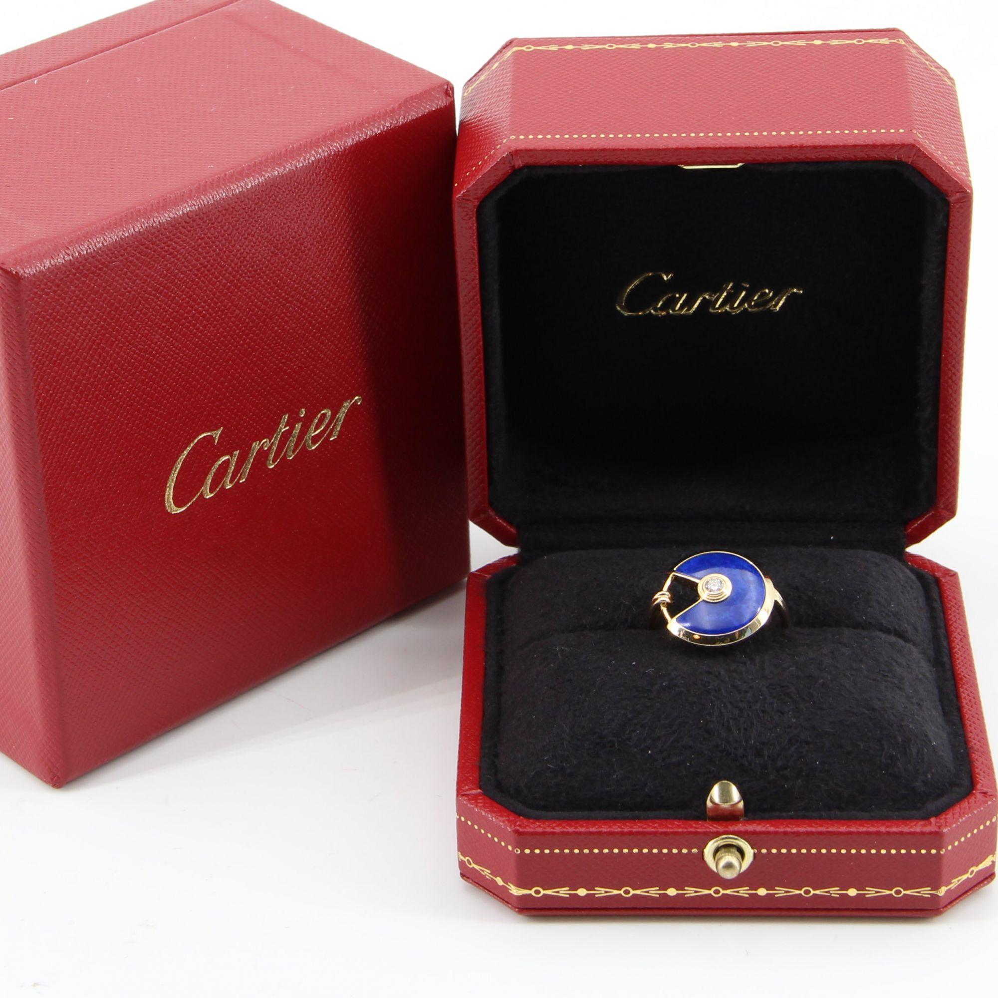 Modern Cartier Amulette Lapis Lazuli Diamond 18 Karat Yellow Gold Ring