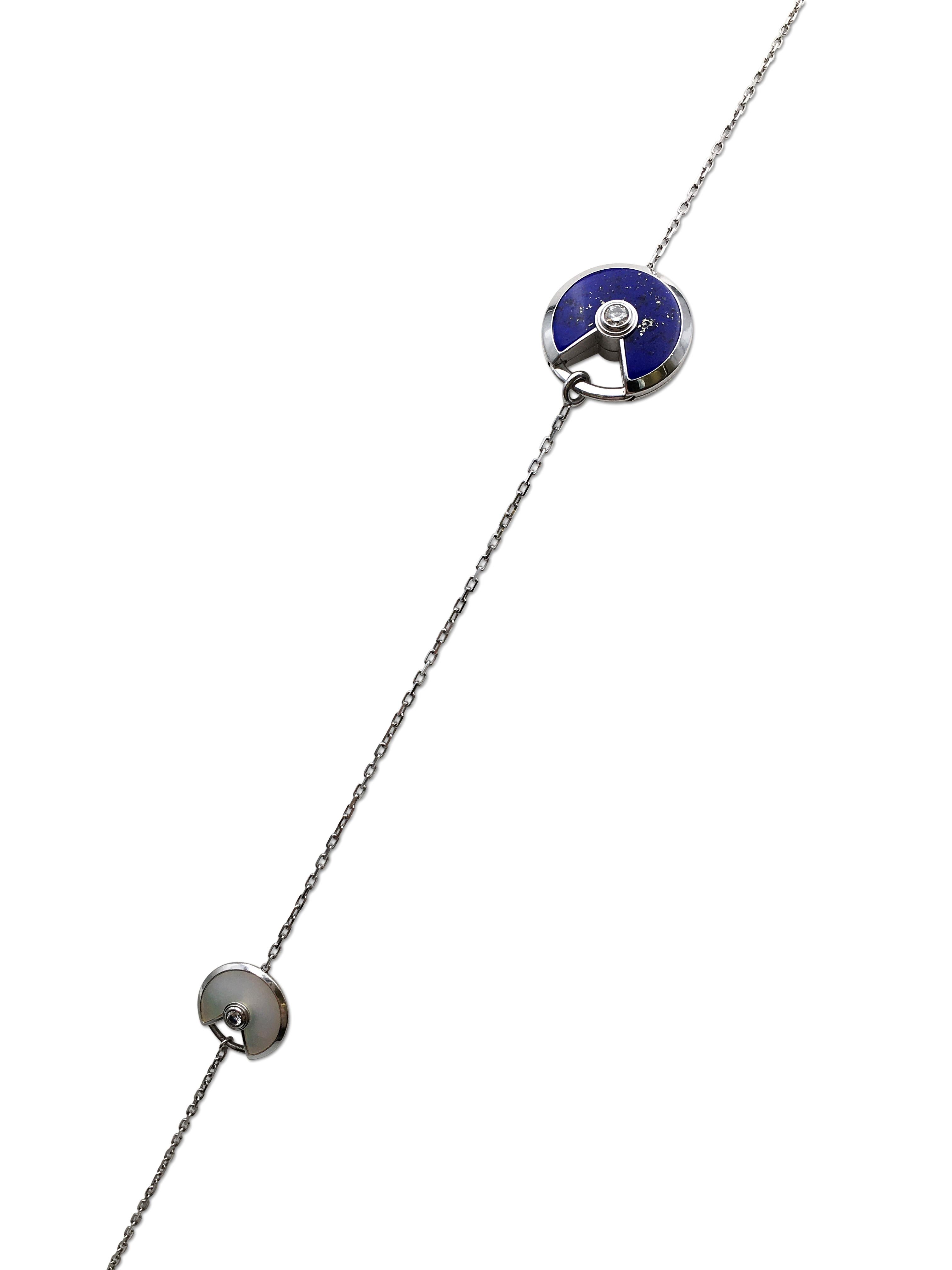 Round Cut Cartier 'Amulette' White Gold Diamond Lapis and Mother of Pearl Sautoir Necklace