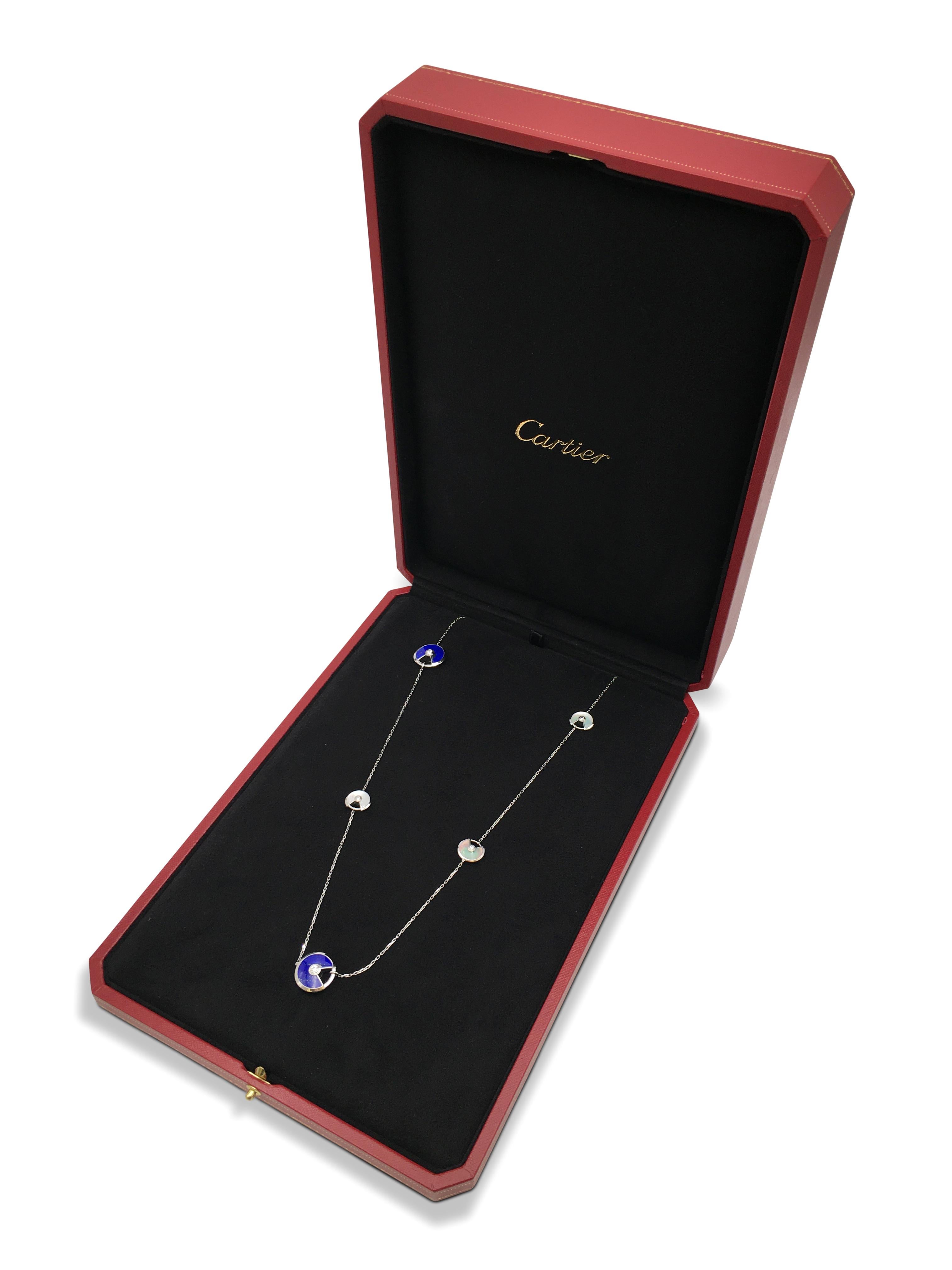 Women's Cartier 'Amulette' White Gold Diamond Lapis and Mother of Pearl Sautoir Necklace