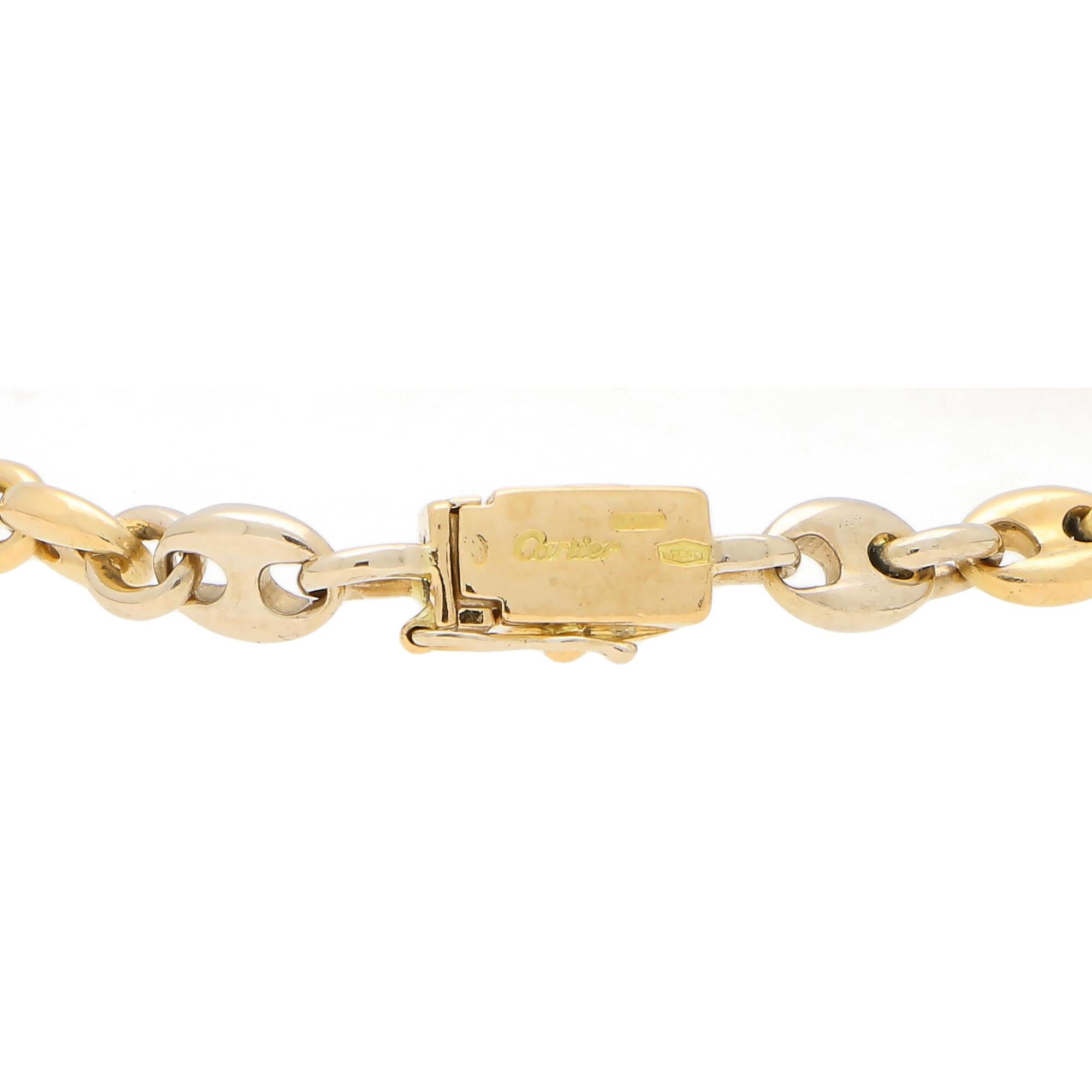  A simple yet incredibly beautiful Cartier anchor link bracelet made of solid 18k yellow and white gold.

The bracelet is composed of 25 anchor links which alternate between white and yellow gold colors. Due to the design of the bracelet it could