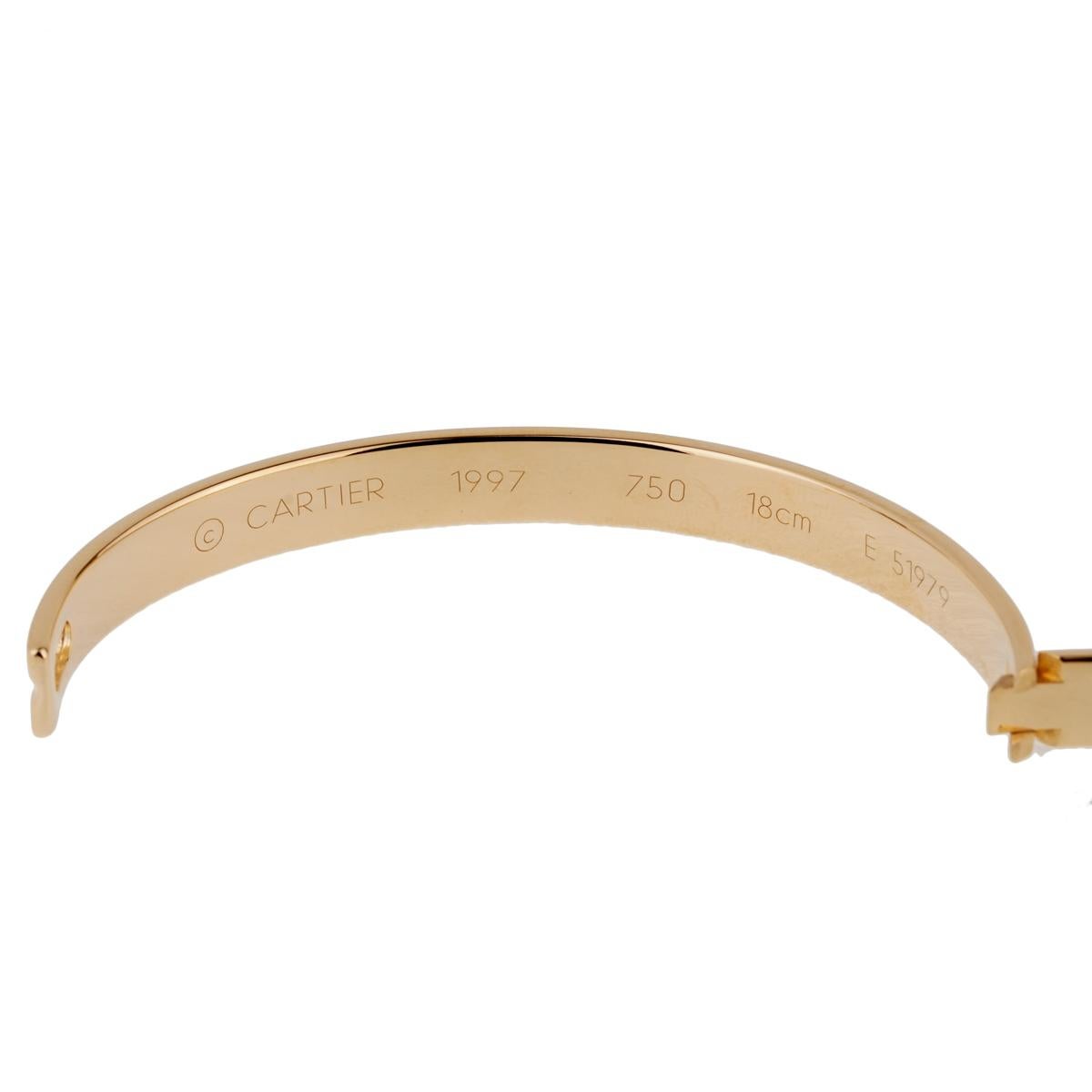 A fabulous Cartier bracelet from the Anniversary collection circa 1990's showcasing a round brilliant cut diamond set in 18k yellow gold. The bracelet is a size 18 which will with a wrist up to 7.08
