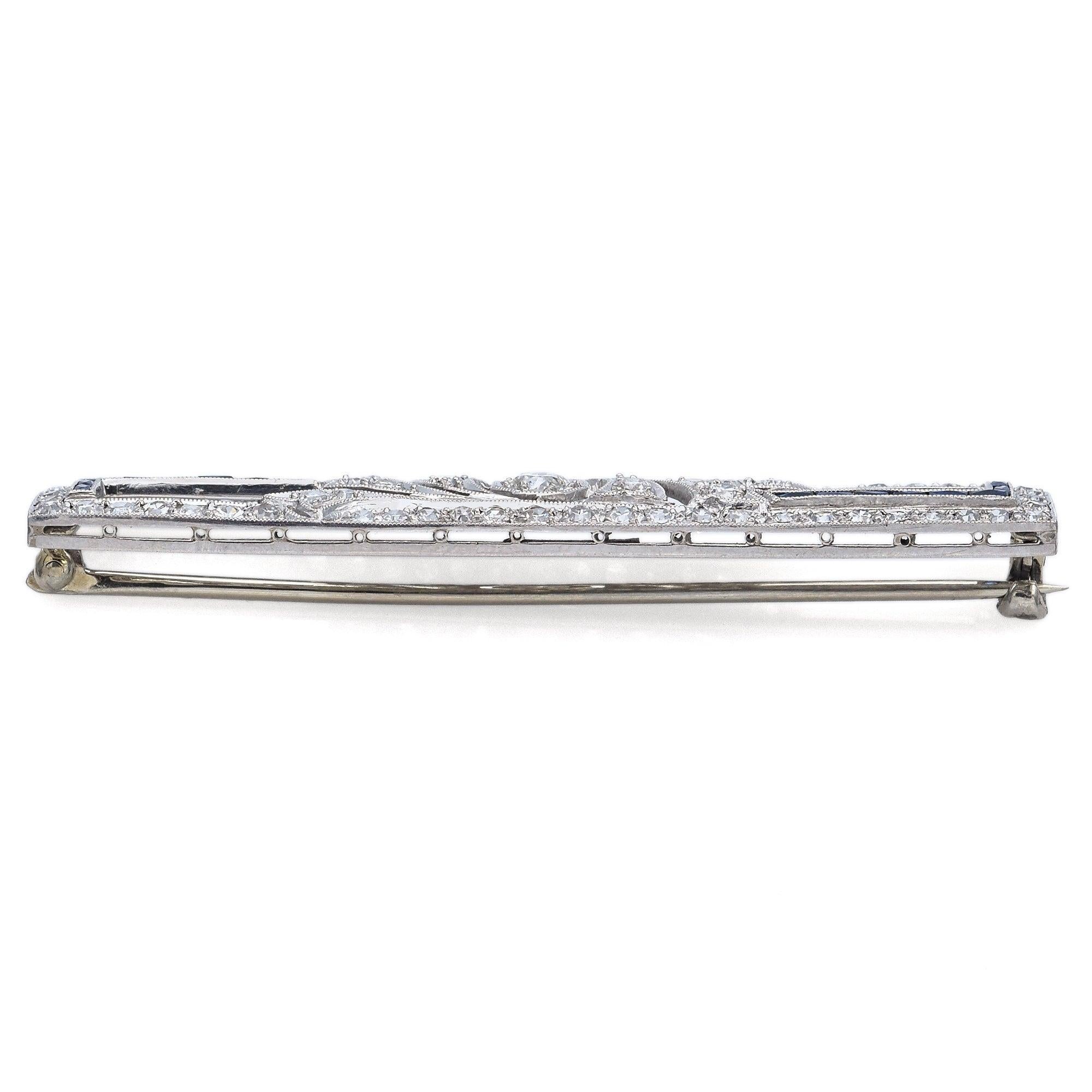 Antique Art Deco Platinum 1.70tcw Diamond & Sapphire Brooch In Good Condition For Sale In New York, NY