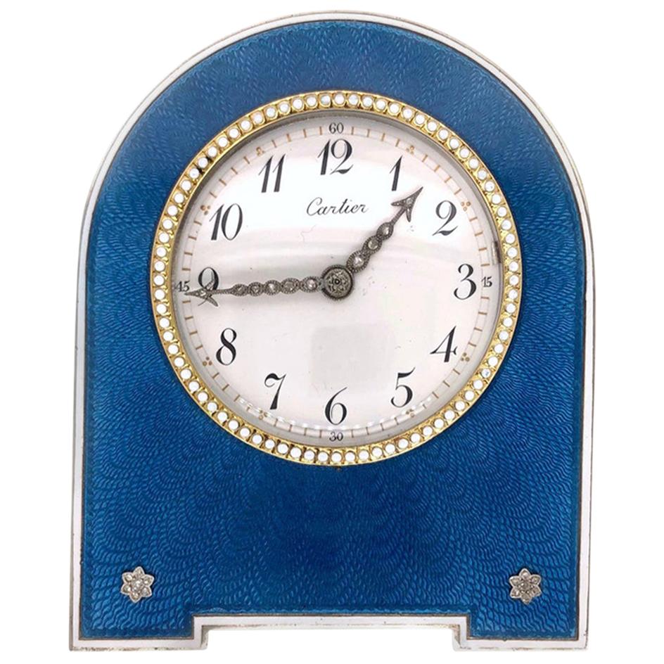 Cartier Antique Blue Enamel Desk Clock with Rose Cut Diamond, circa 1910 For Sale