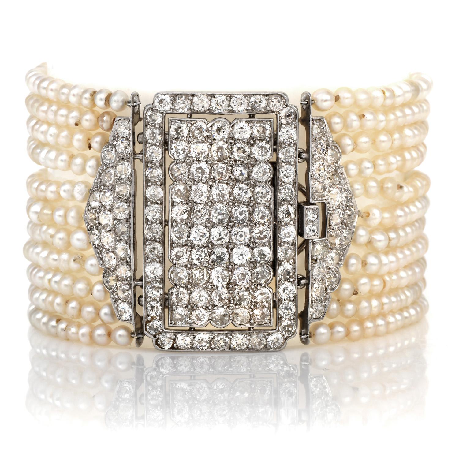 An antique masterpiece from the house of Cartier.

This vintage Diamond and Multistrand Pearl Bracelet is inspired by an extraordinary victorian style and crafted in luxurious Platinum. This bracelet offers a subtle accent to complete any pearl