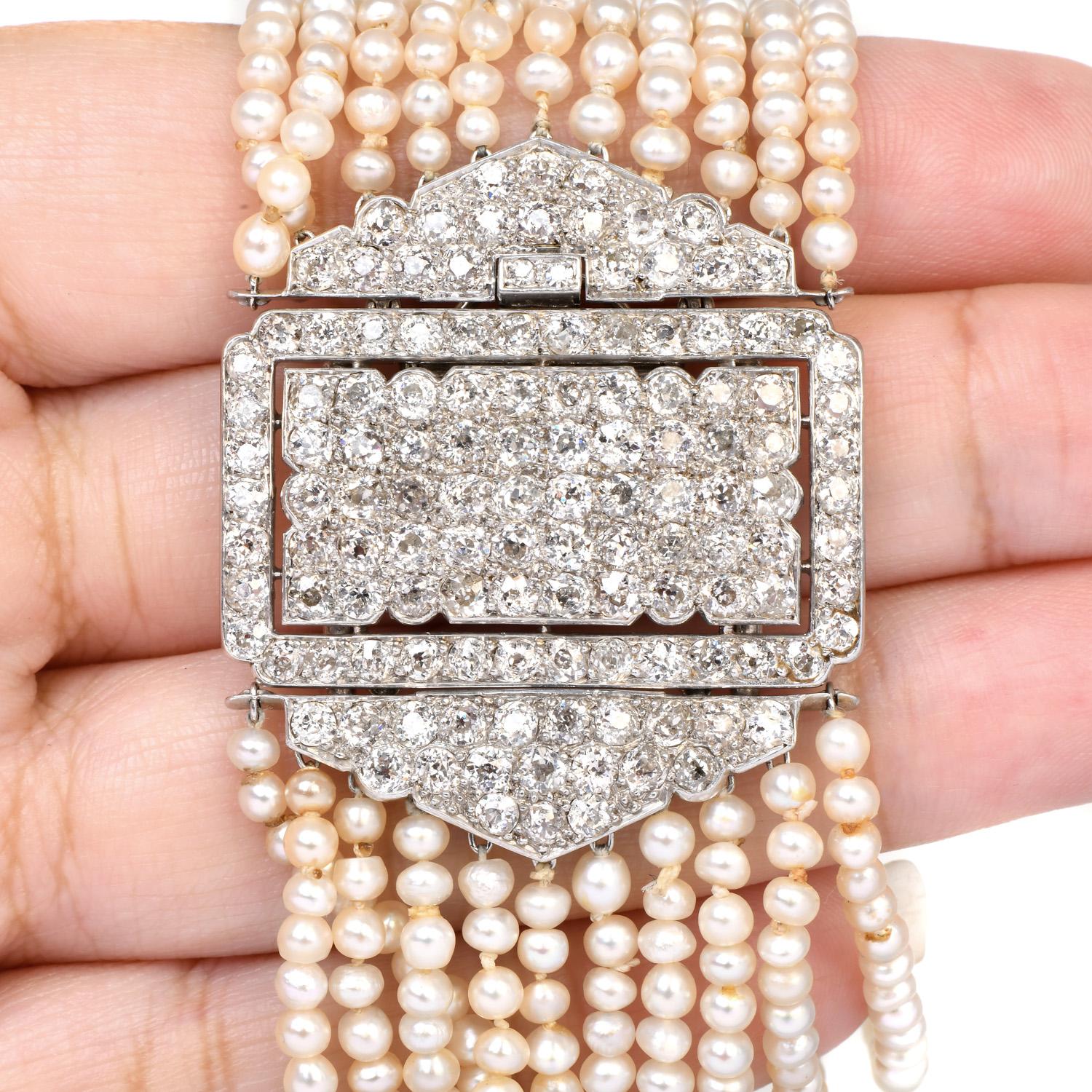 Old Mine Cut Cartier Antique Diamond Pearl Platinum Cluster Multi-Strand Bracelet