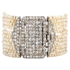 Cartier Antique Diamond Pearl Platinum Cluster Multi-Strand Bracelet