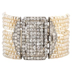 Cartier Antikes mehrreihiges Cartier-Armband mit Diamanten und Perlen aus Platin