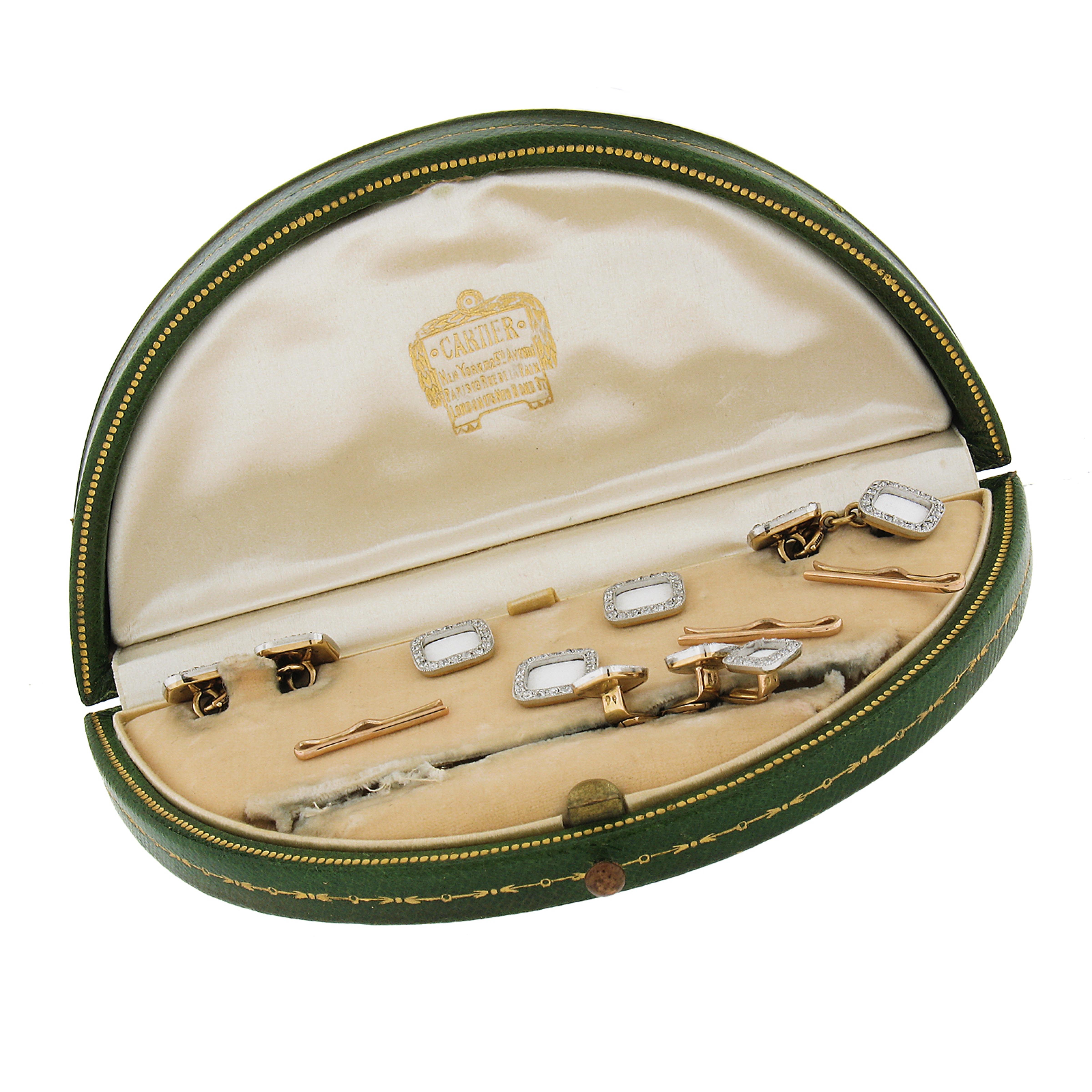 --Stones:--
188 Natural Genuine Diamonds - Old Single & Old European Cut - Pave Set - Fine White Color
10 White Linen Enamel - Square Shape - White Color

Material: Solid 18k Yellow Gold - Platinum Top
Total Weight: 26.60 Grams (all)
Cuff Links