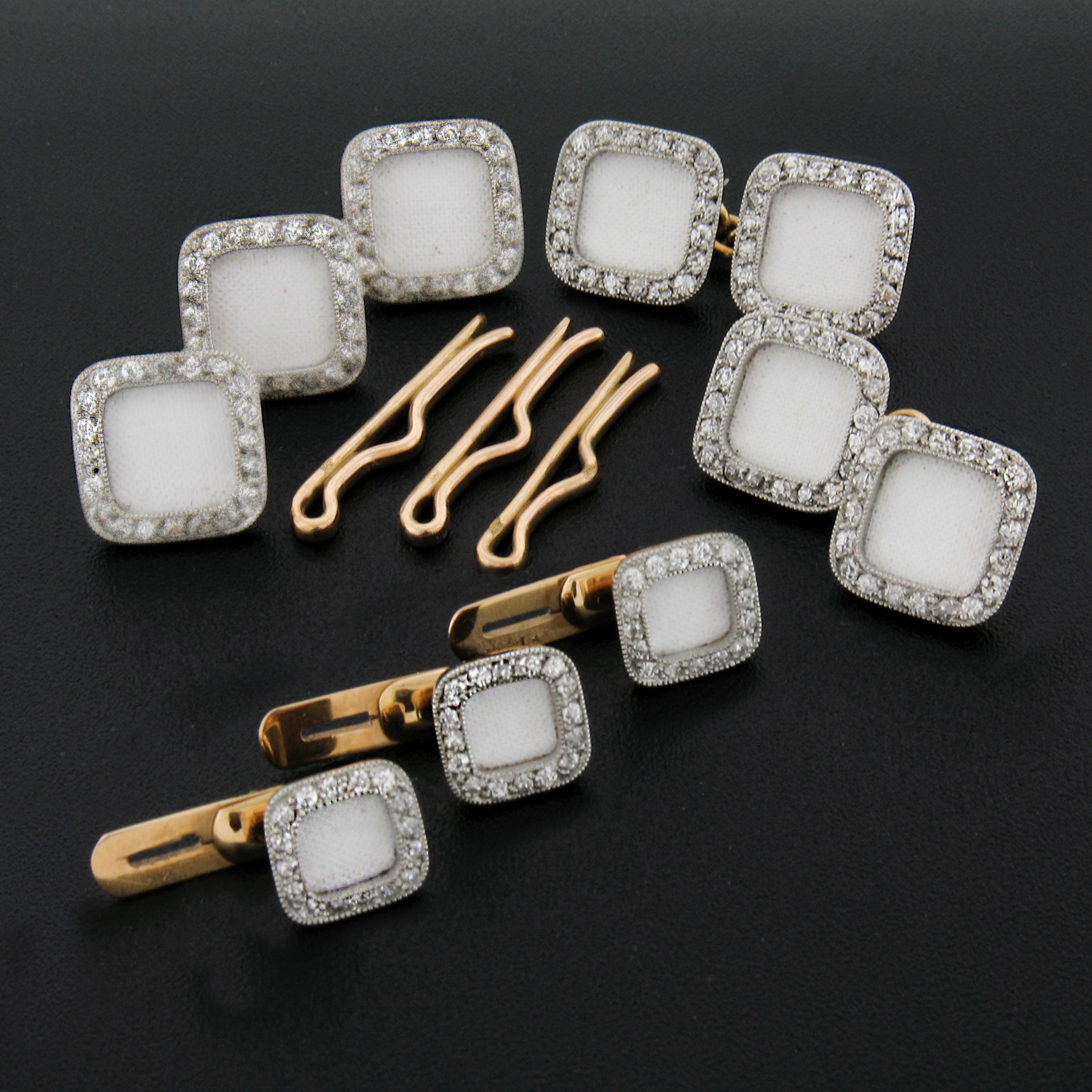 Single Cut Cartier Antique Edwardian Linen Enamel & Diamond Cufflinks and Studs Set W/ Box For Sale