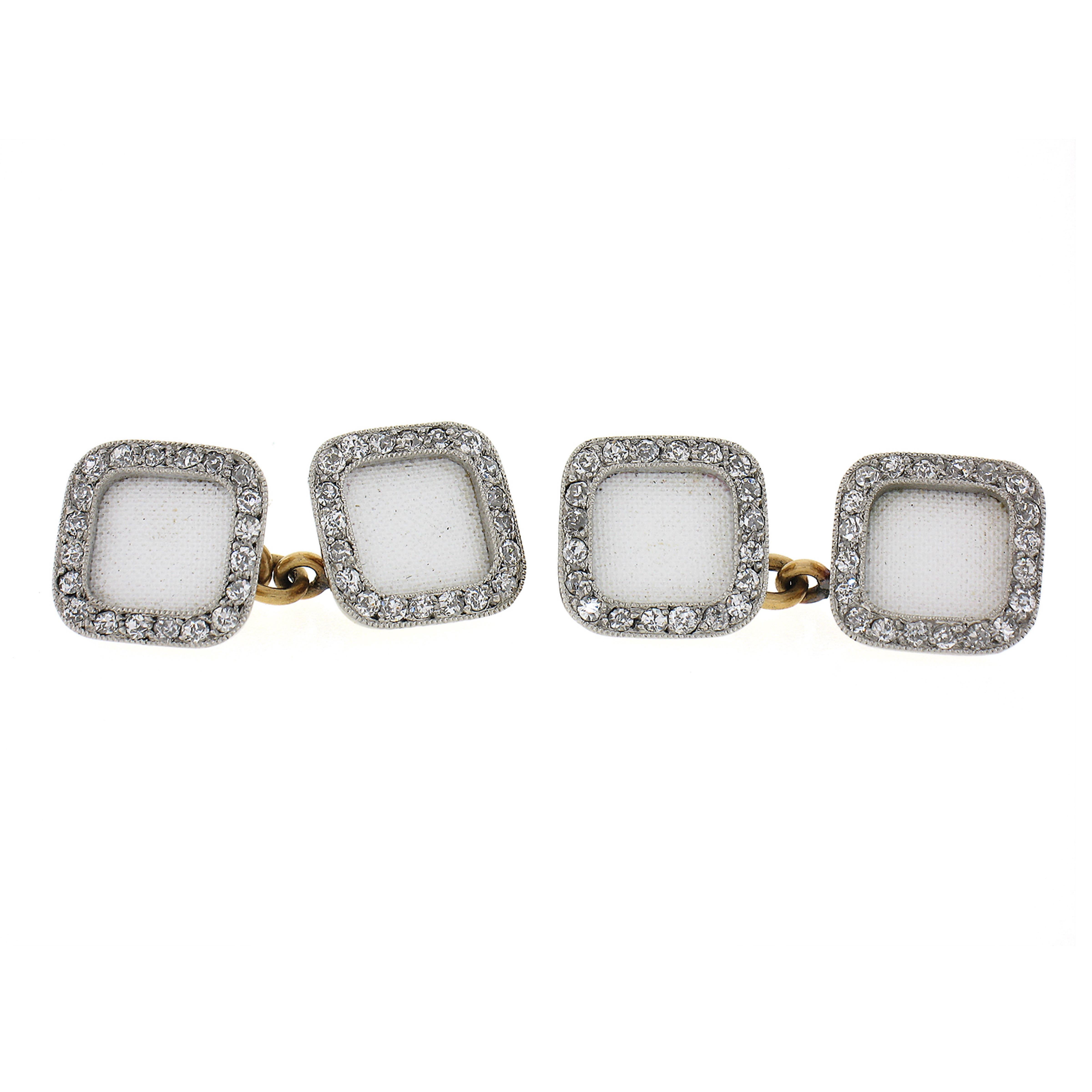 Cartier Antique Edwardian Linen Enamel & Diamond Cufflinks and Studs Set W/ Box In Excellent Condition For Sale In Montclair, NJ