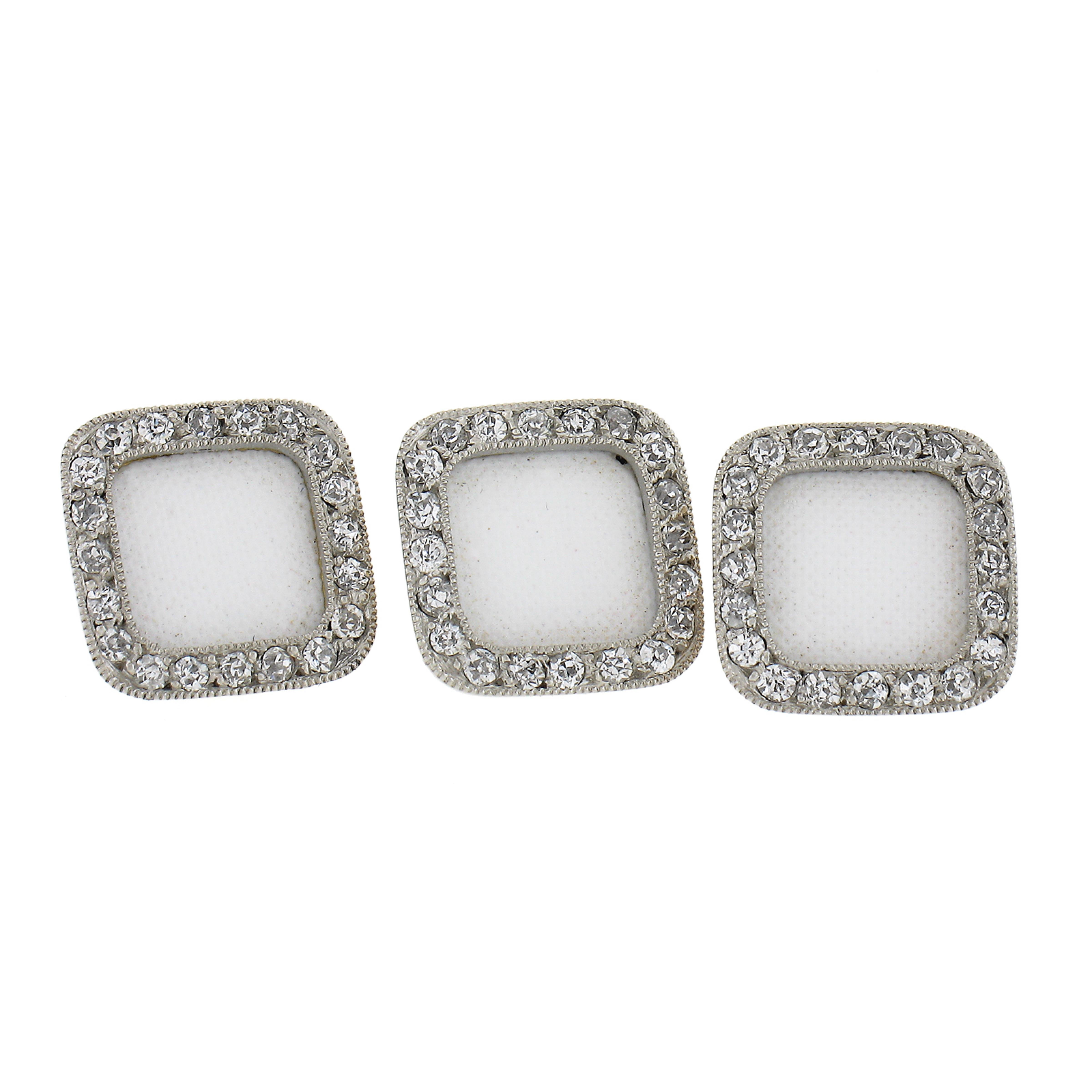 Men's Cartier Antique Edwardian Linen Enamel & Diamond Cufflinks and Studs Set W/ Box For Sale