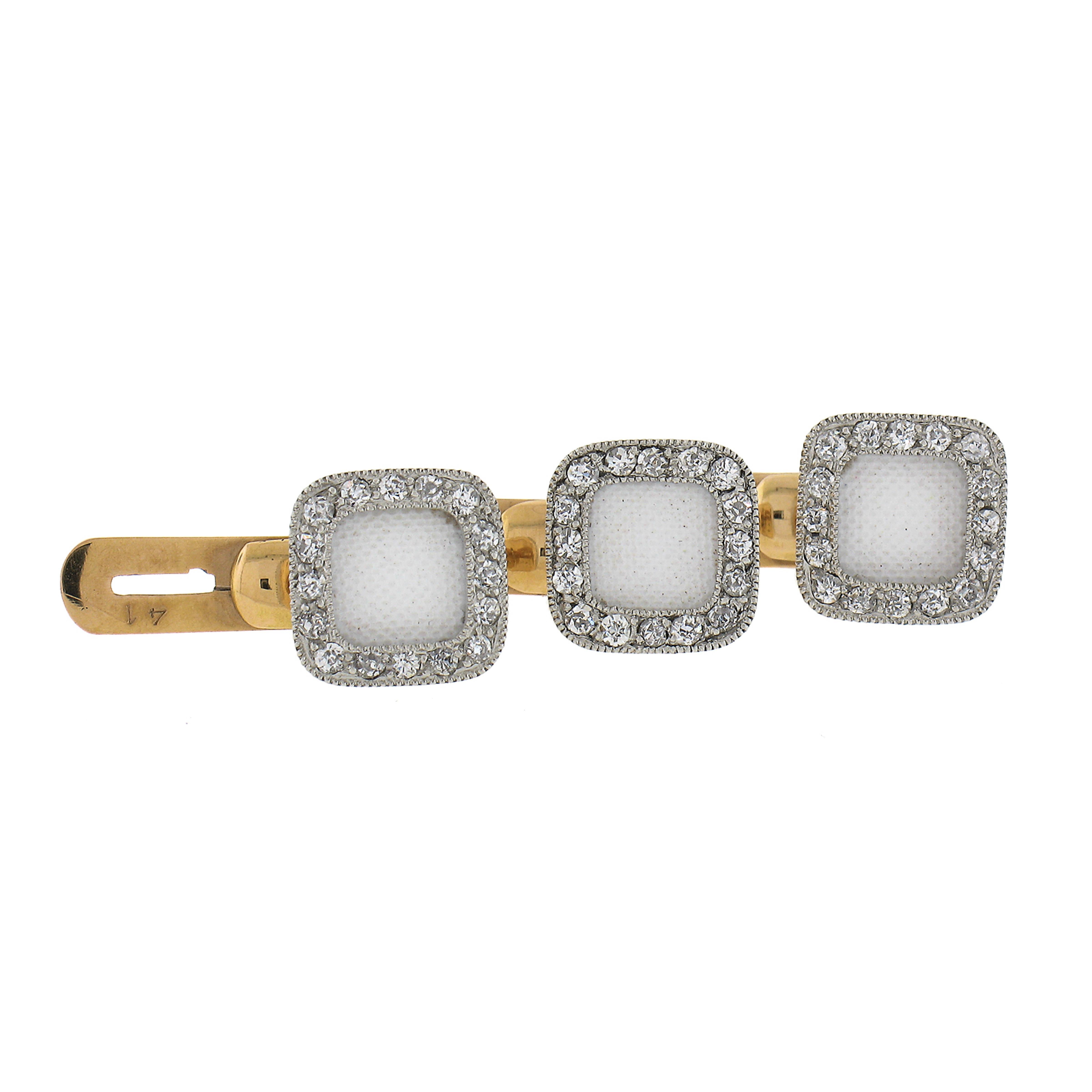 Cartier Antique Edwardian Linen Enamel & Diamond Cufflinks and Studs Set W/ Box For Sale 1