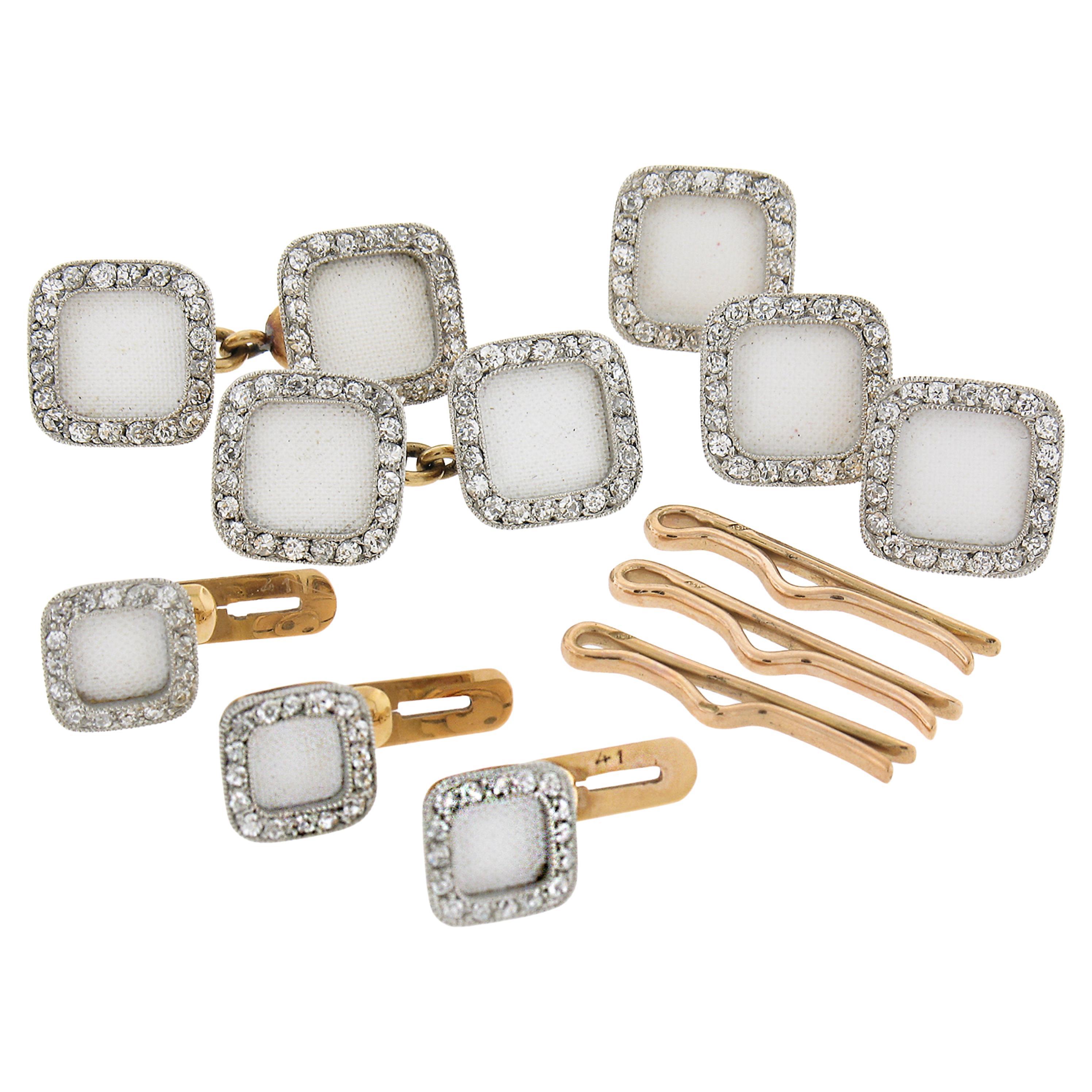 Cartier Antique Edwardian Linen Enamel & Diamond Cufflinks and Studs Set W/ Box For Sale