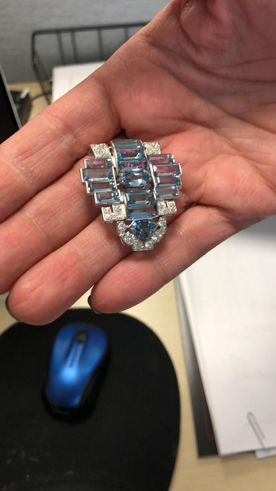 Round Cut Cartier Art Deco  Aquamarine Diamond Platinum Brooch
