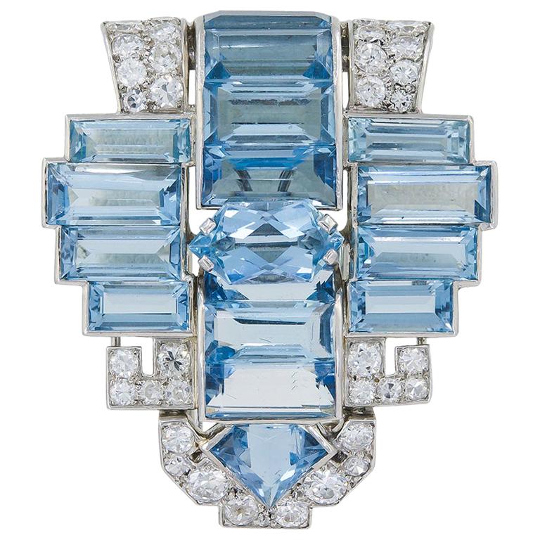 Cartier Art Deco  Aquamarine Diamond Platinum Brooch