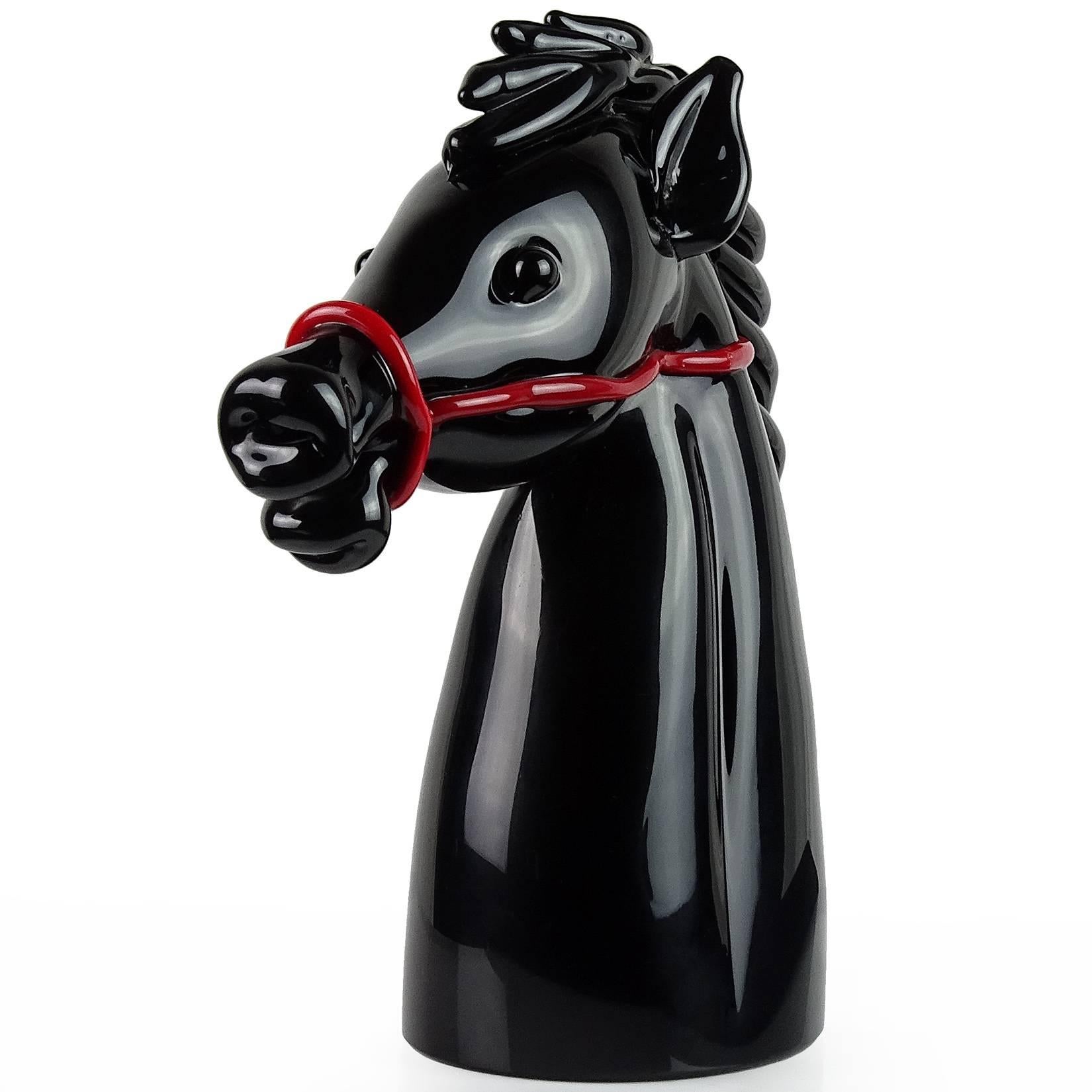 Rare Murano hand blown black Italian art glass large horse head with red bridle sculpture. Created for Cartier, signed underneath, and blown by the Vetreria Archimede Seguso glass company, circa 1970-1980. Measure: 7