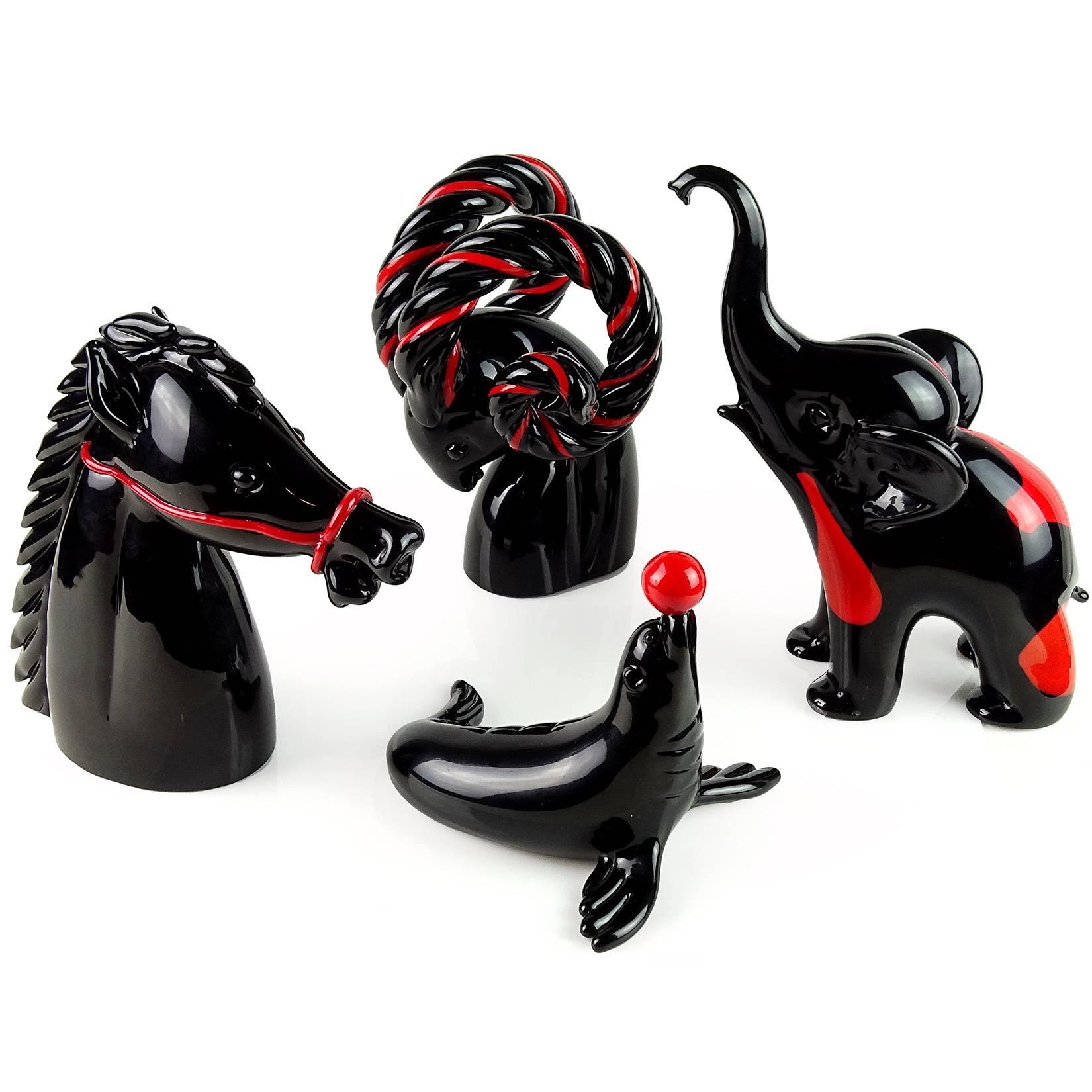 20th Century Cartier Archimede Seguso Murano Black Red Italian Art Glass Horse Head Sculpture