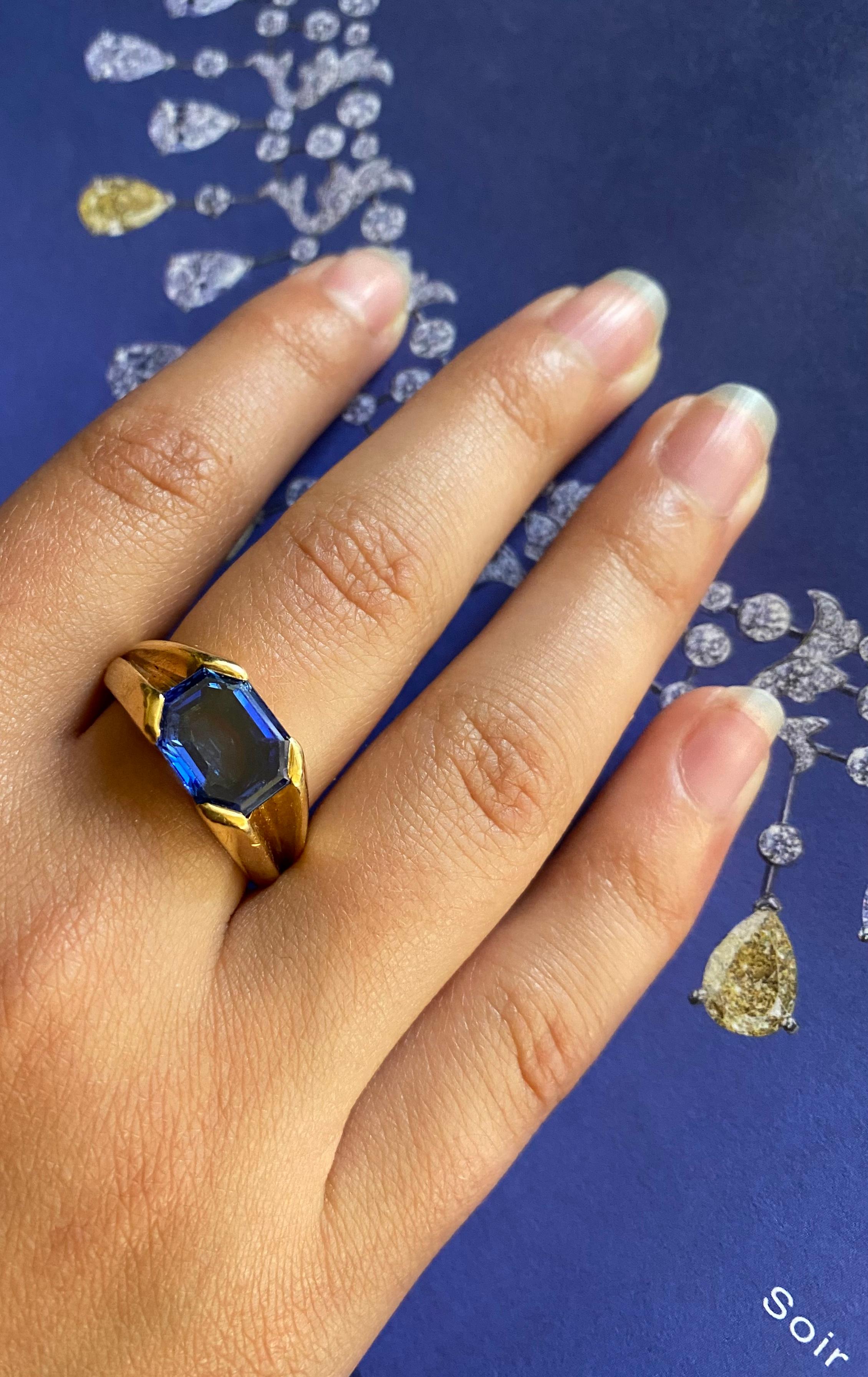 Exquisite Art Deco Cartier Natural Burmese sapphire ring. 
1930's
Octagonal Step Cut Sapphire measuring 11.42 by 9.05 by 4.57, 4.76 Carat. This rarely seen and highly desirable cut gives the sapphire a large, impressive, elegant appearance,
