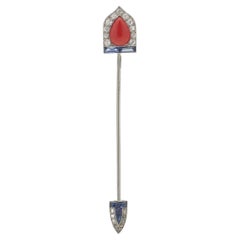 Cartier Art Deco 18kt White Gold, Platinum Jabot Pin with Coral and Gemstones