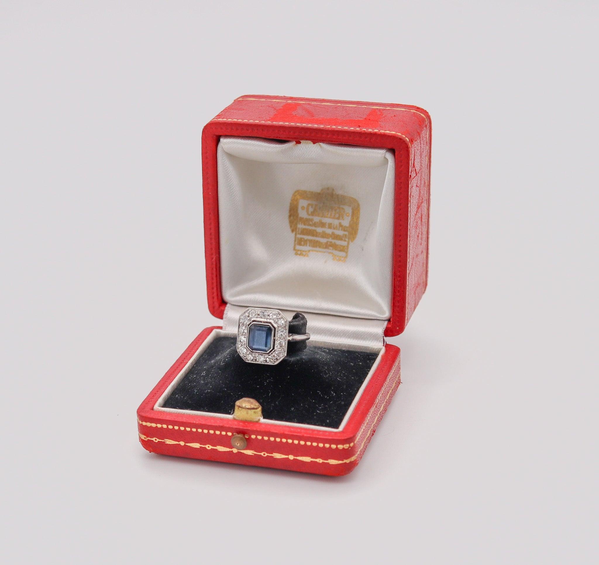 Brilliant Cut CARTIER Art Deco 1930 Ring In Platinum With 3.02 Ctw In Diamonds And Sapphire
