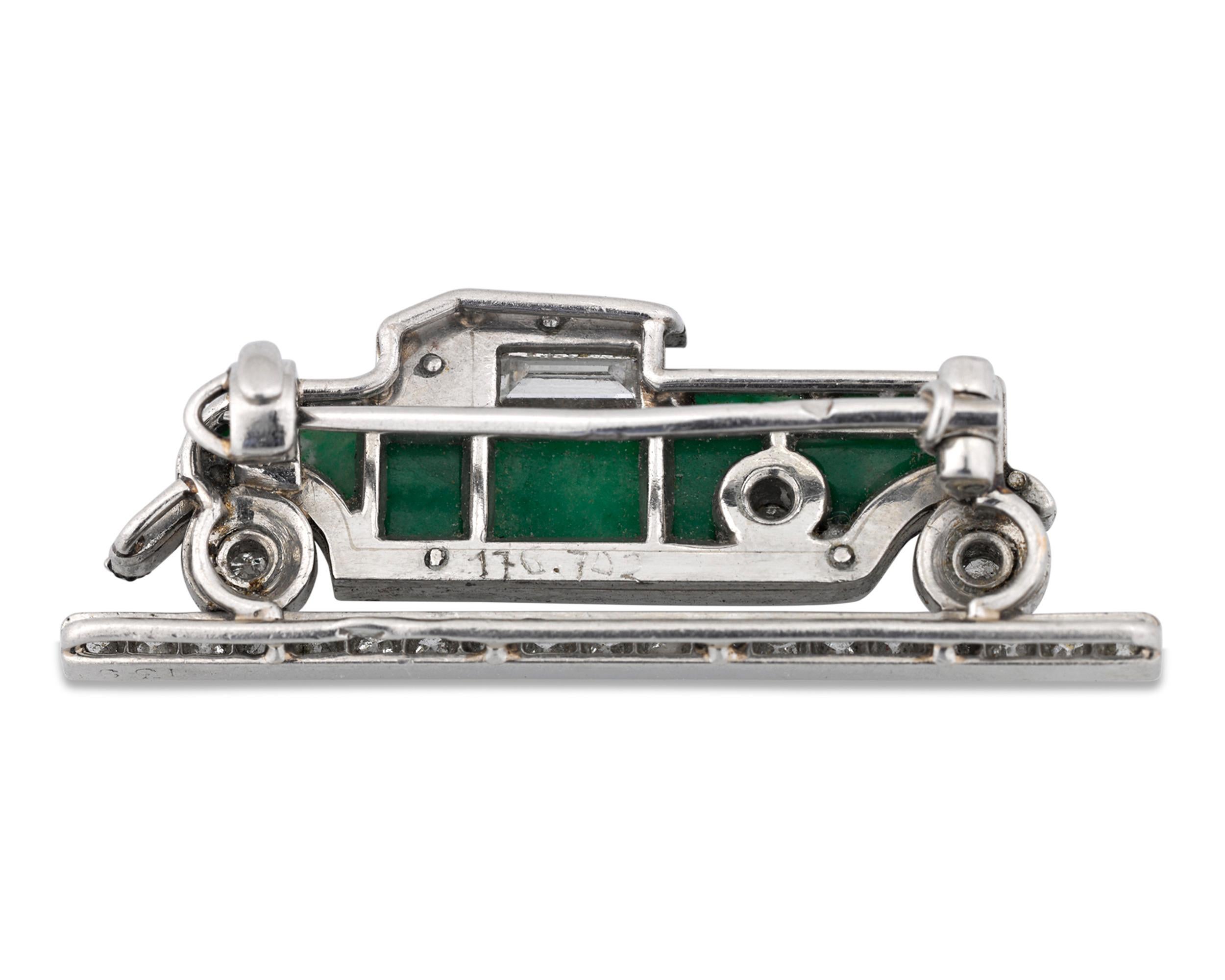 Cartier created this rare and fabulous brooch depicting a luxurious 1920s-era Rolls Royce convertible. The brooch is a study in elegance, wrought from deep green jade, diamonds and onyx all set in platinum. Cartier is one of the most esteemed