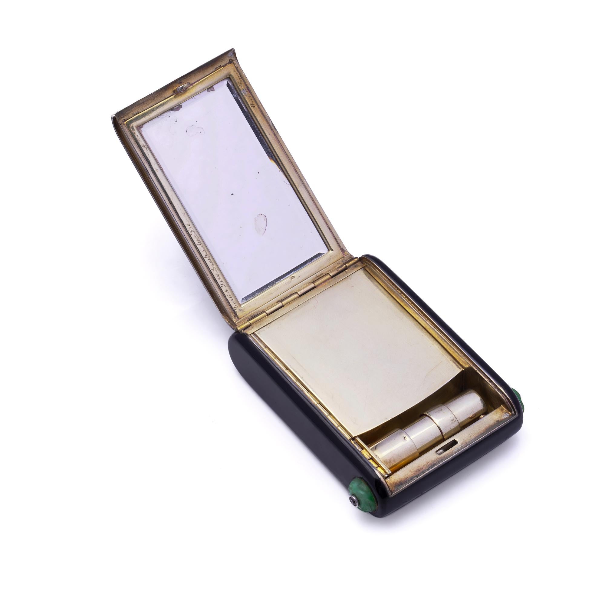 Cartier Art Deco Vanity Compact mit schwarzem Email, Jadeit und Diamanten, ca. 1920er Jahre (Gold) im Angebot