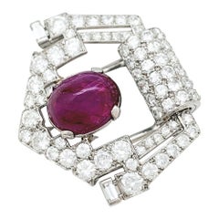 Cartier Art Déco Brooch, Platinum Diamonds and a Cabochon Ruby