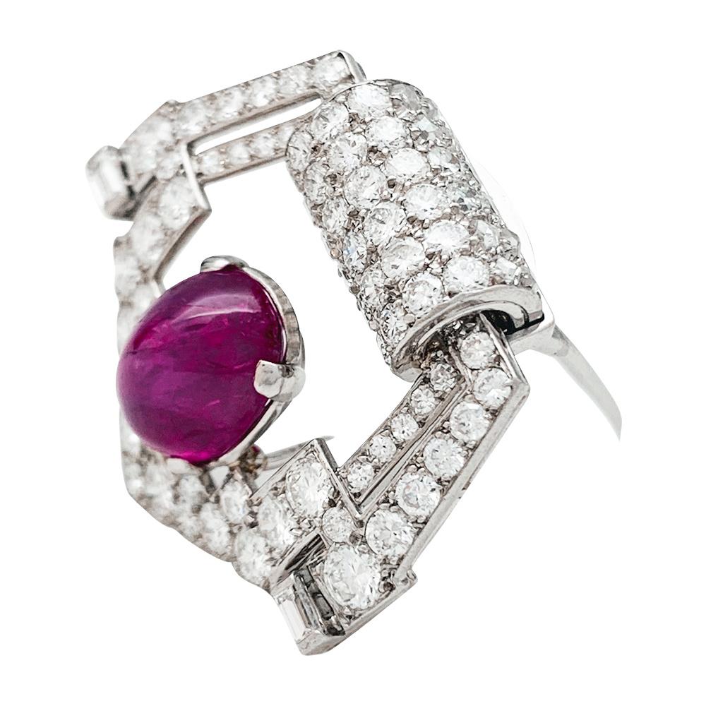 Art Deco Cartier Art Déco Brooch, Platinum Diamonds and a Cabochon Ruby