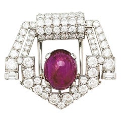 Cartier Art Déco Brooch, Platinum Diamonds and a Cabochon Ruby