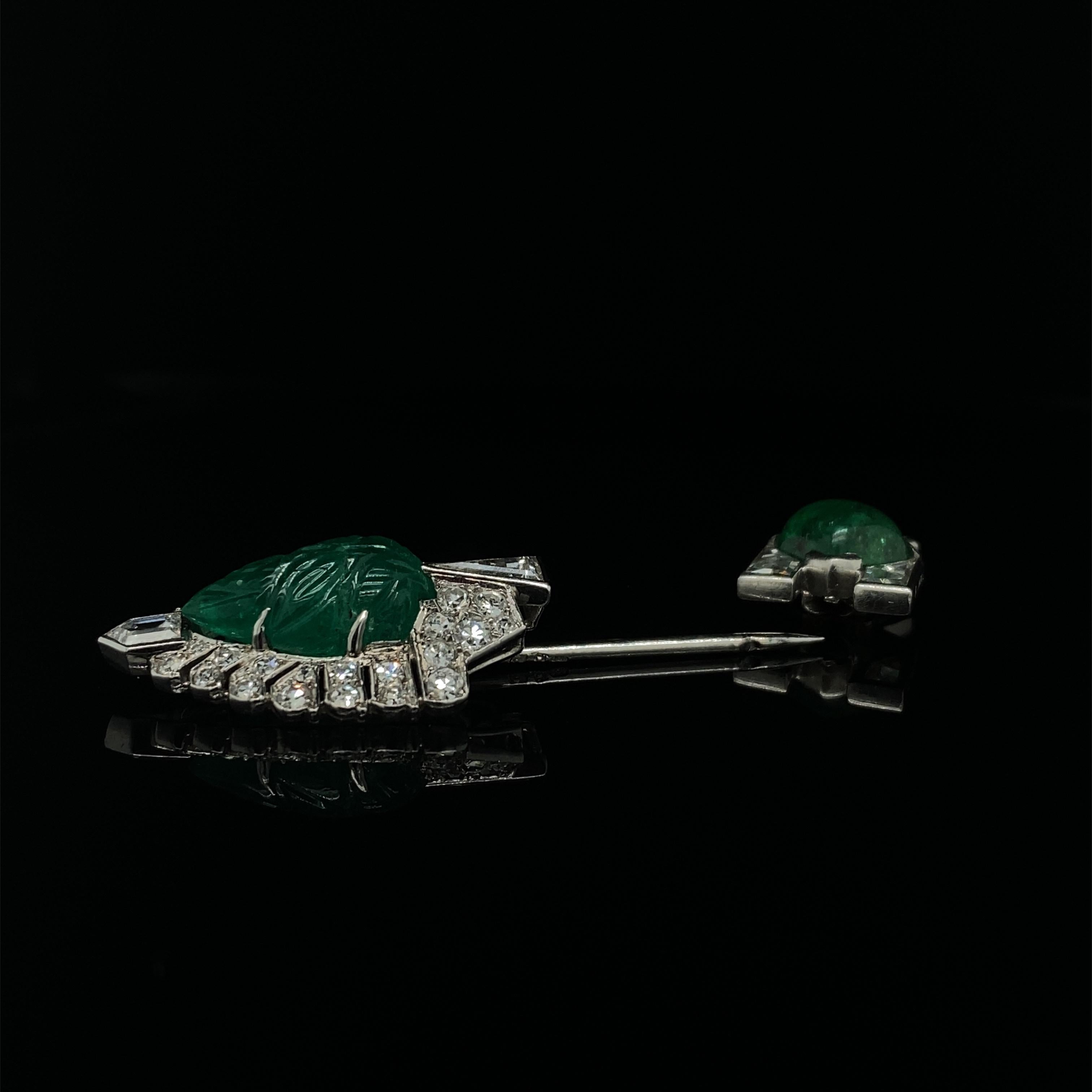 Cabochon Cartier Art Deco Carved Emerald and Diamond Jabot Pin, Circa 1925 For Sale