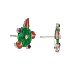 Cartier Art Deco Carved Jade and Enamel Flower Earrings with Gemstone Accents