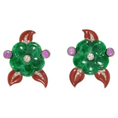 Cartier Art Deco Carved Jade and Enamel Flower Earrings with Gemstone Accents