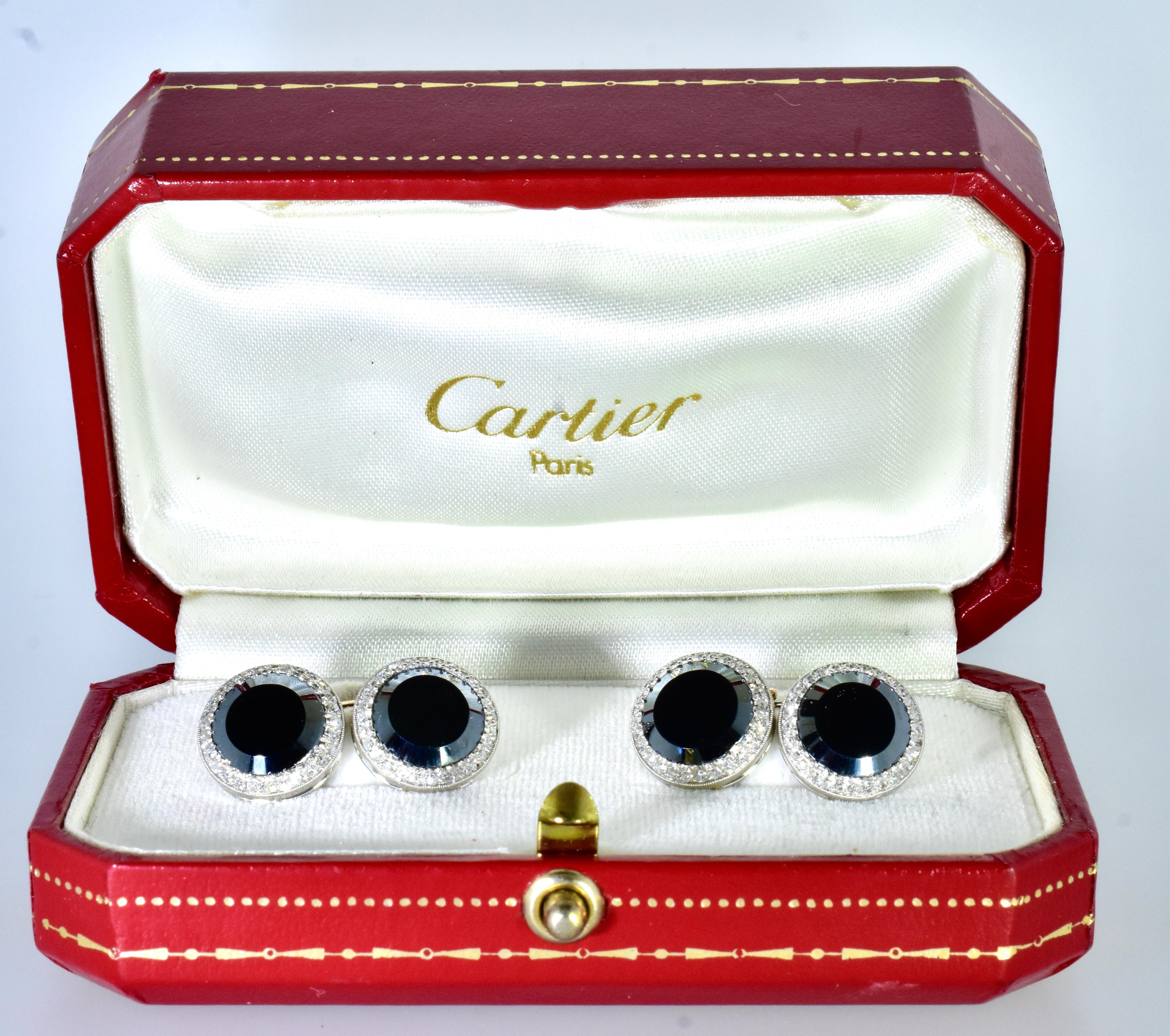 Taille vieille Europe Cartier Boutons de manchette Art déco en diamants et onyx, c. 1920